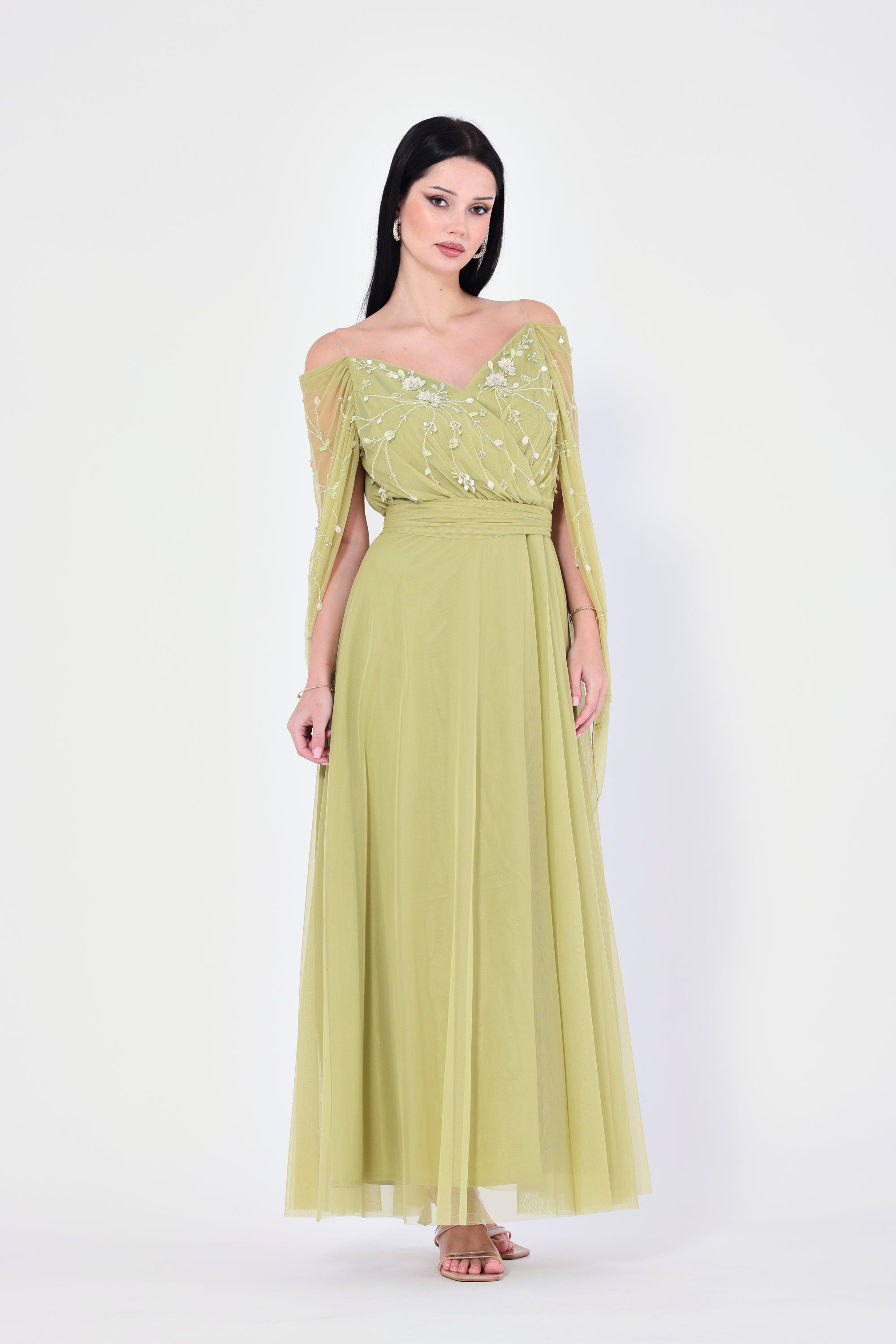 3D Floral Embellished Draped Off-The-Shoulder Gown