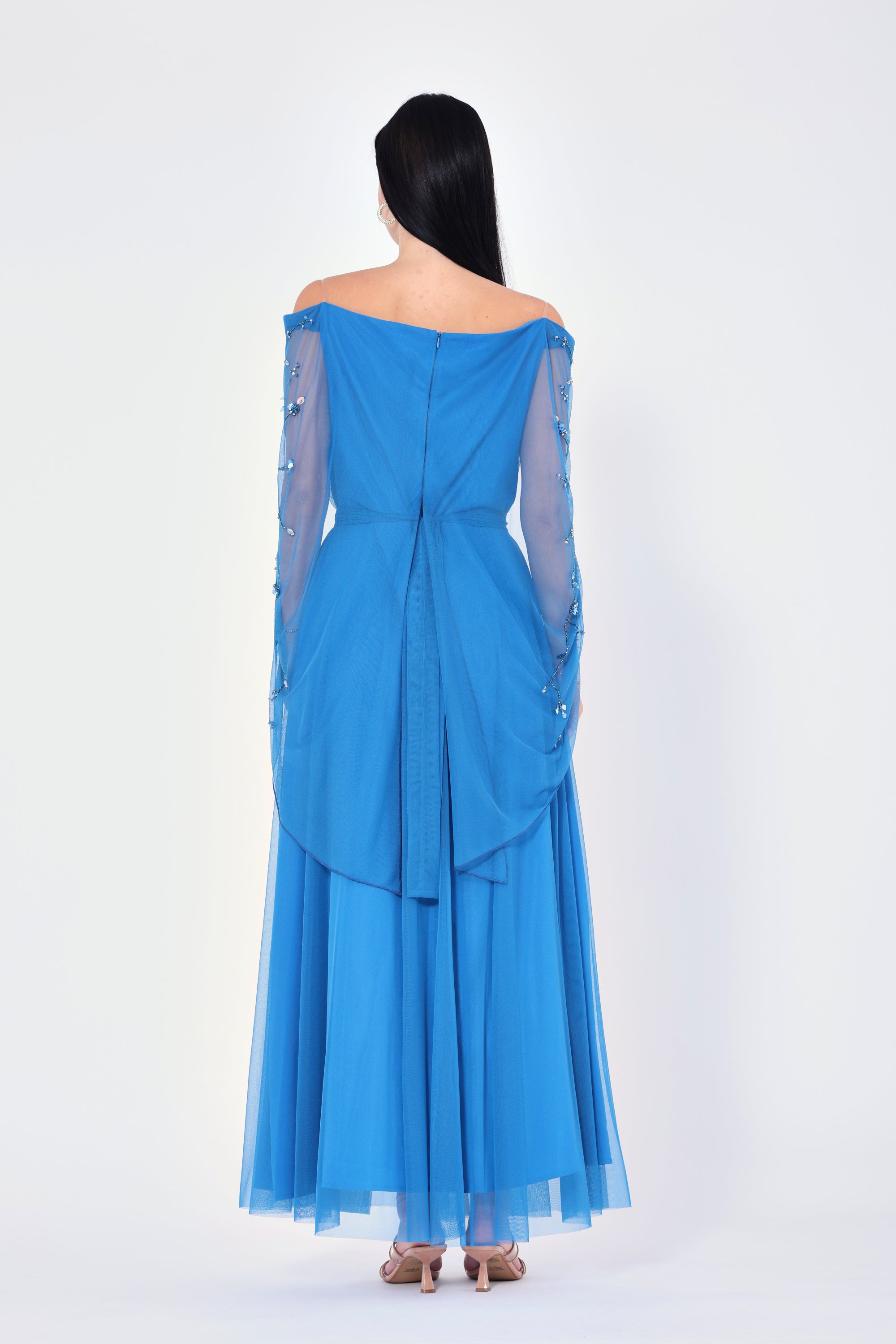 3D Floral Embellished Draped Off-The-Shoulder Gown