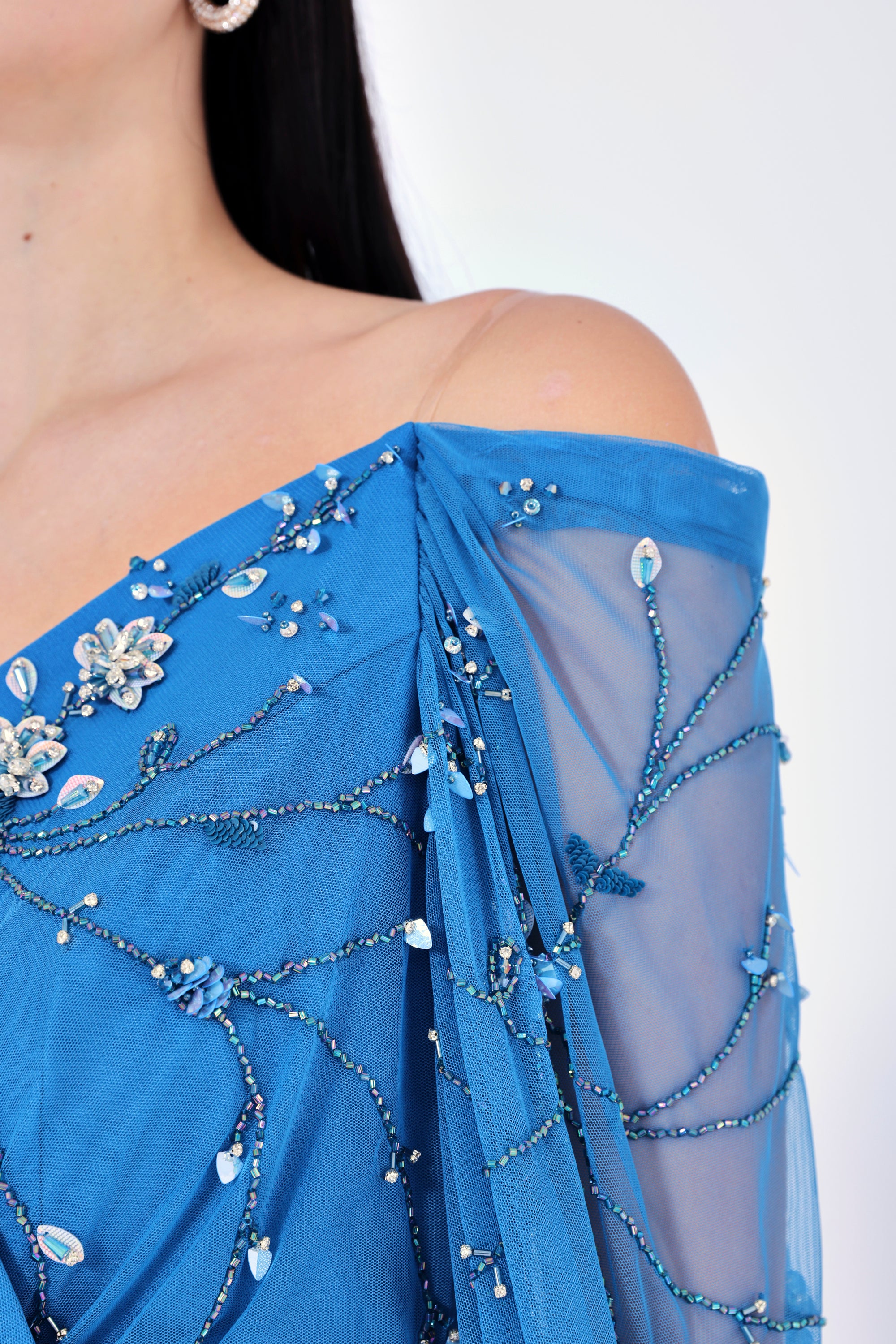 3D Floral Embellished Draped Off-The-Shoulder Gown