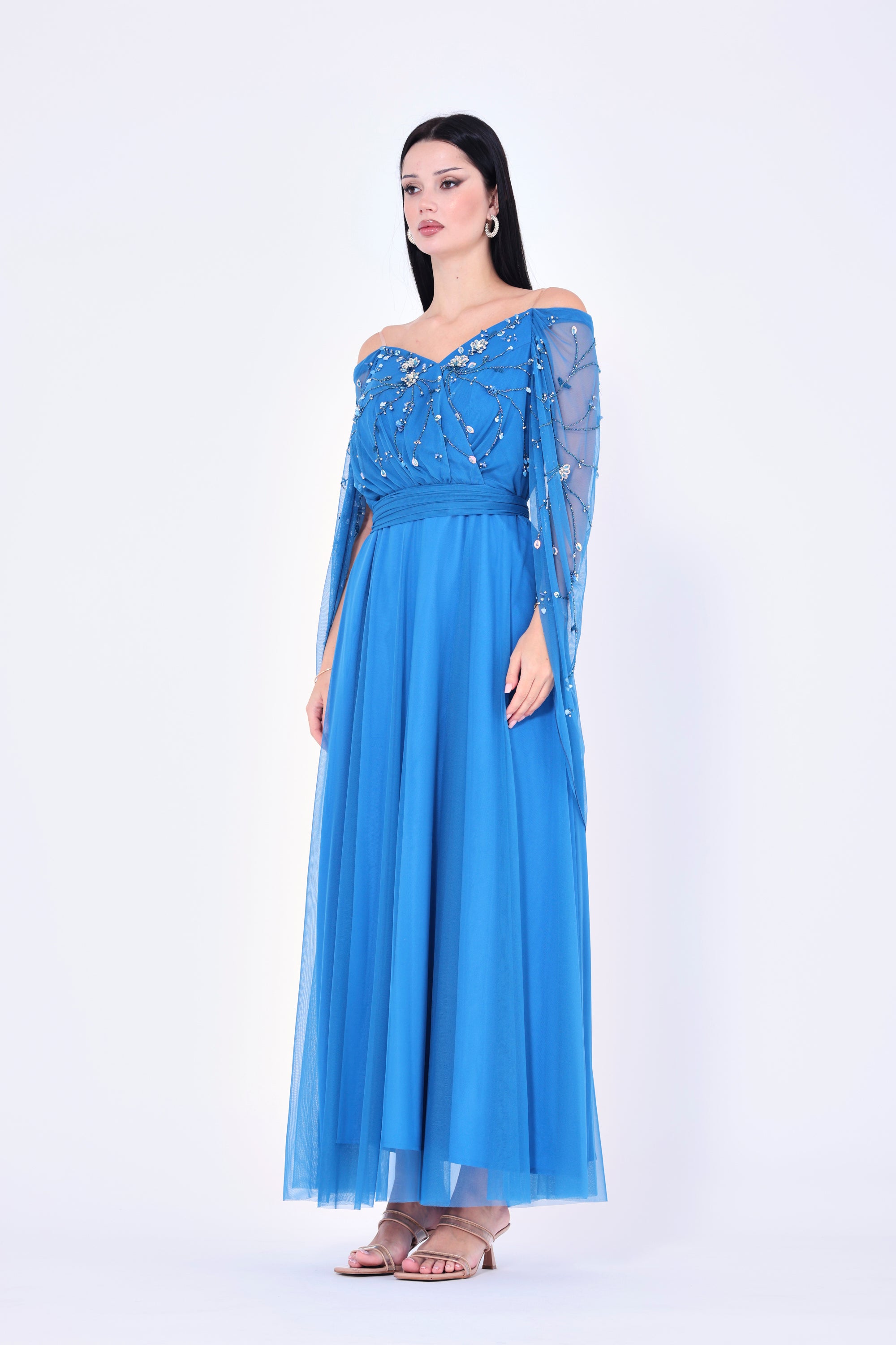 3D Floral Embellished Draped Off-The-Shoulder Gown