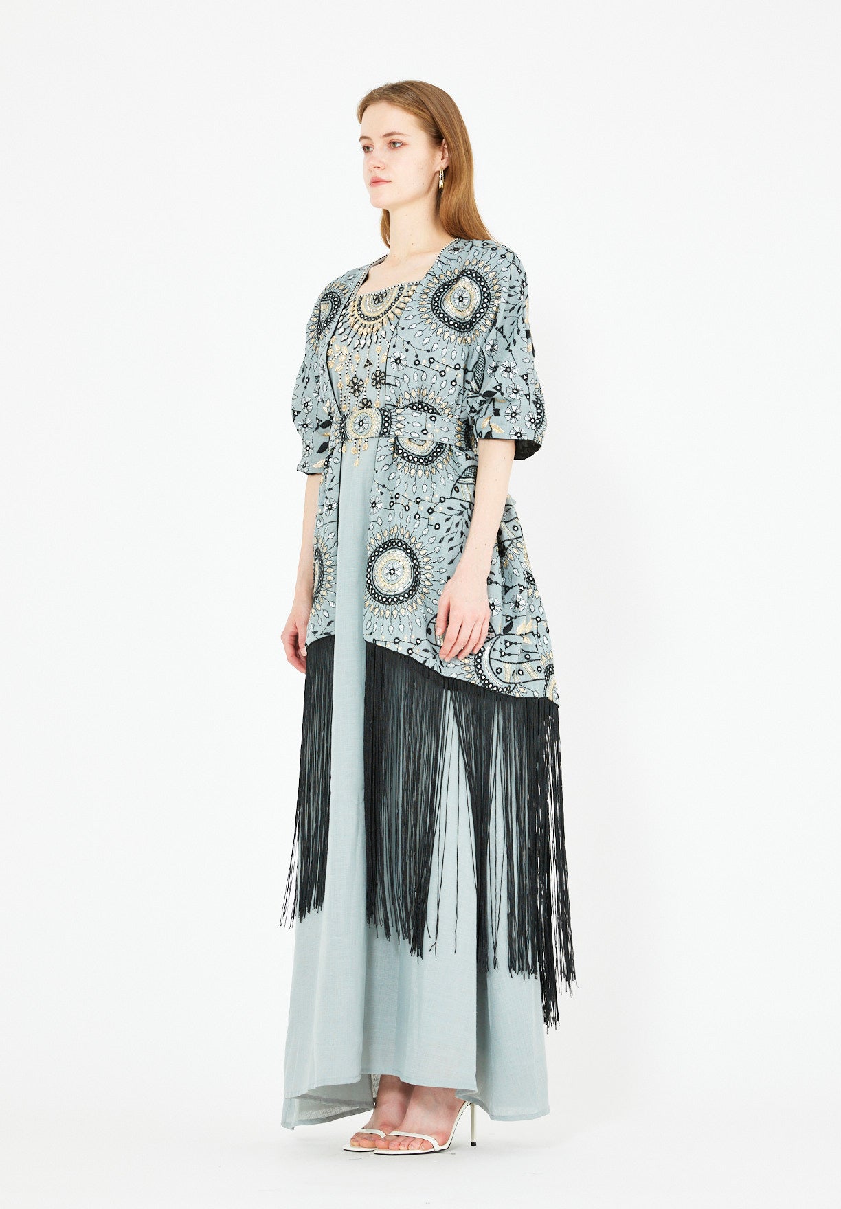 Fringe Hem Embroidered Bisht & A-Line Dress Set