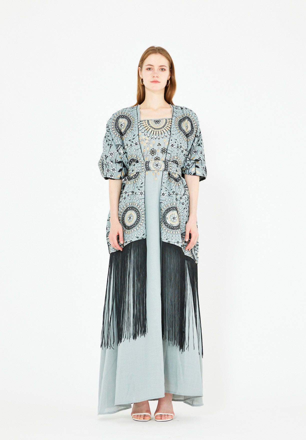 Fringe Hem Embroidered Bisht & A-Line Dress Set