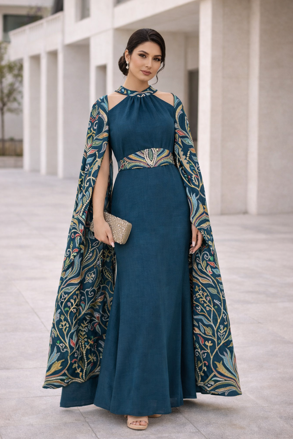 Floral Embroidered Cape Dress