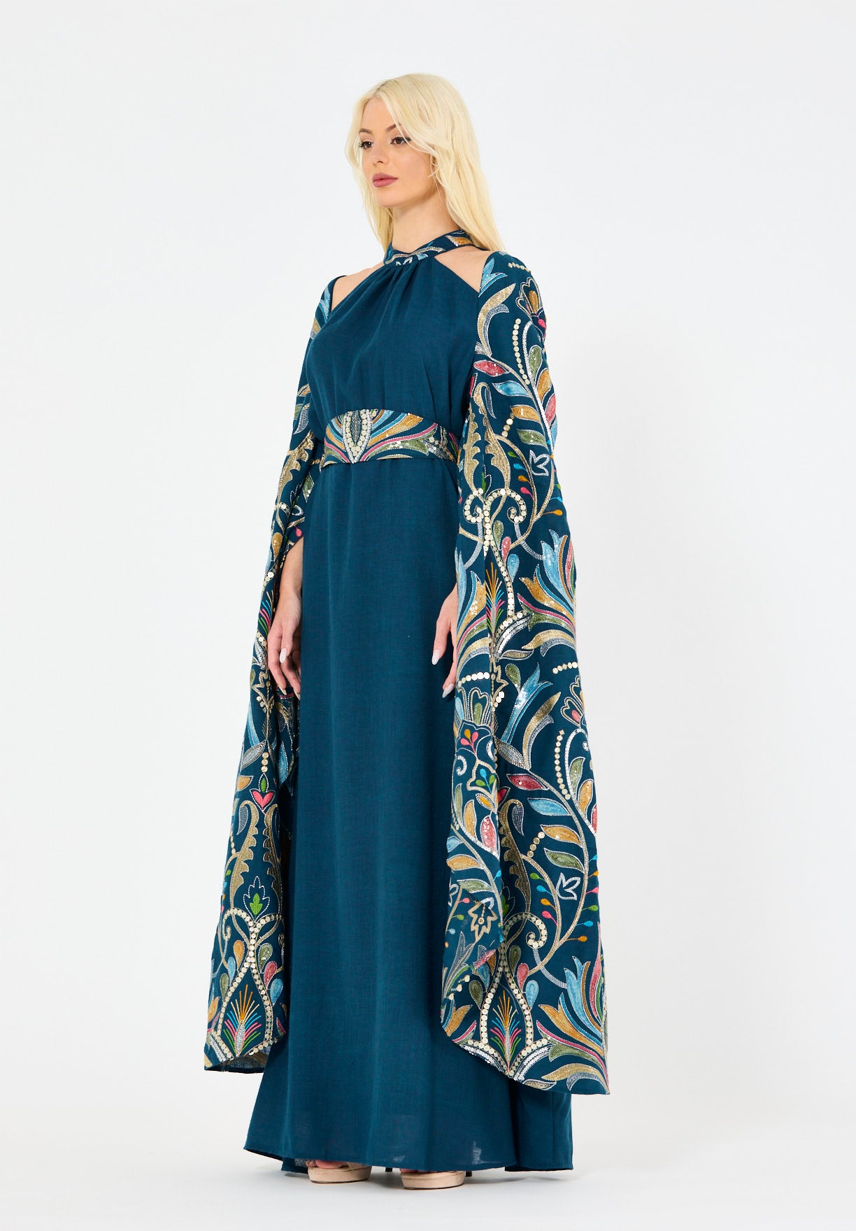 Floral Embroidered Cape Dress