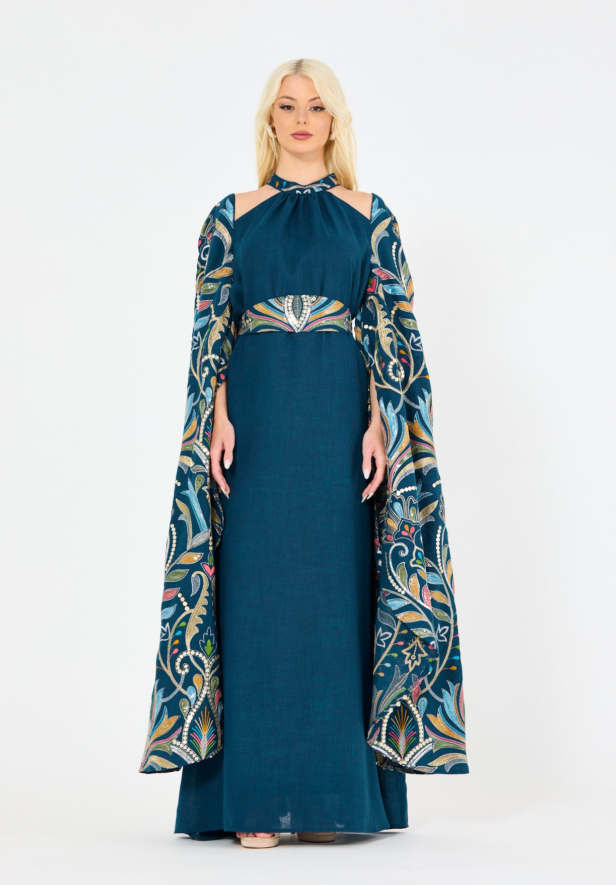 Floral Embroidered Cape Dress