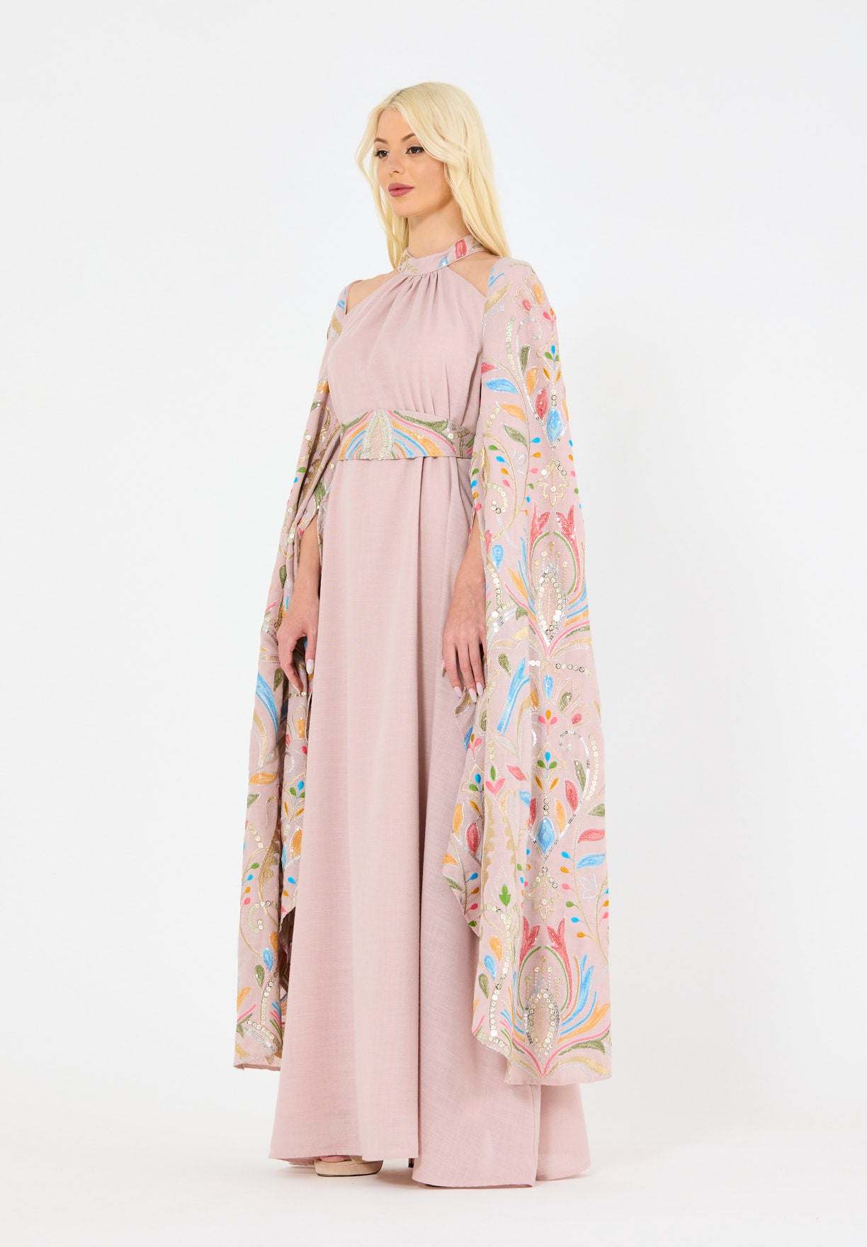 Floral Embroidered Cape Dress