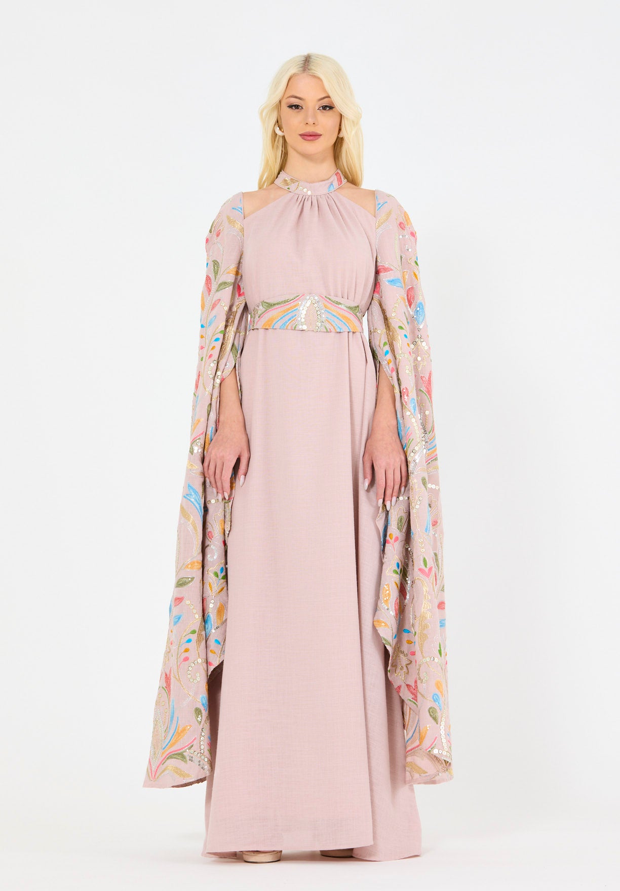 Floral Embroidered Cape Dress