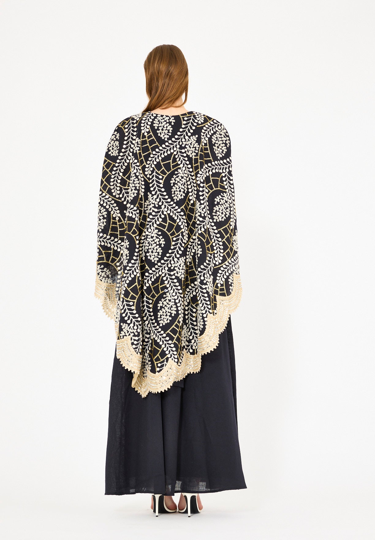 Scallop Mirror Lace Hem Embroidered Cape Dress