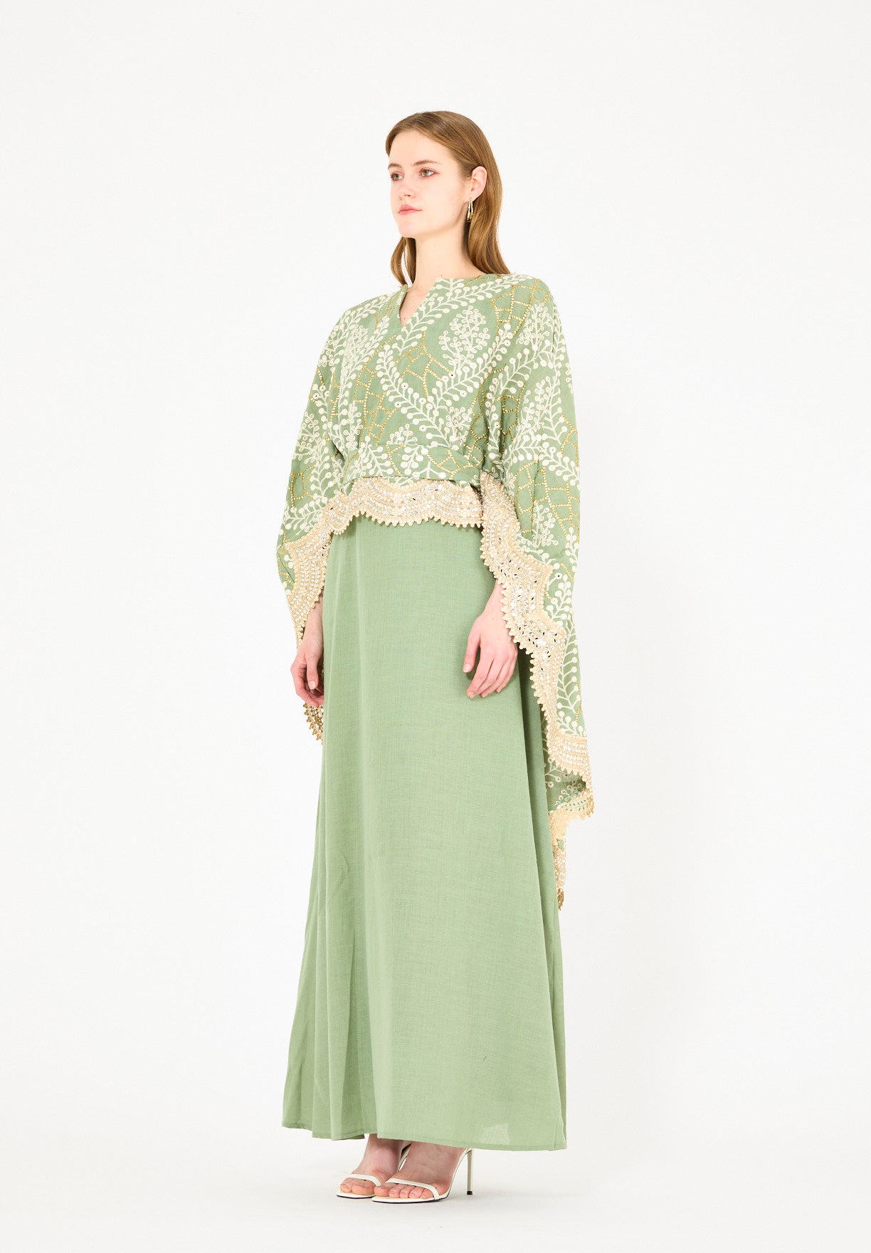 Scallop Mirror Lace Hem Embroidered Cape Dress