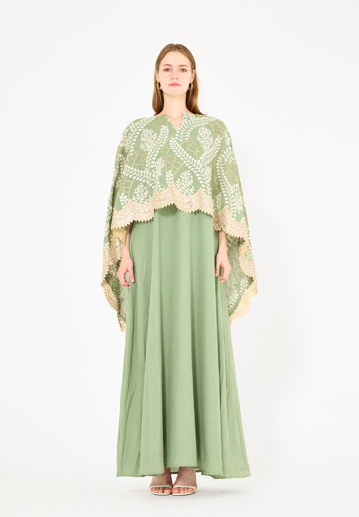 Scallop Mirror Lace Hem Embroidered Cape Dress