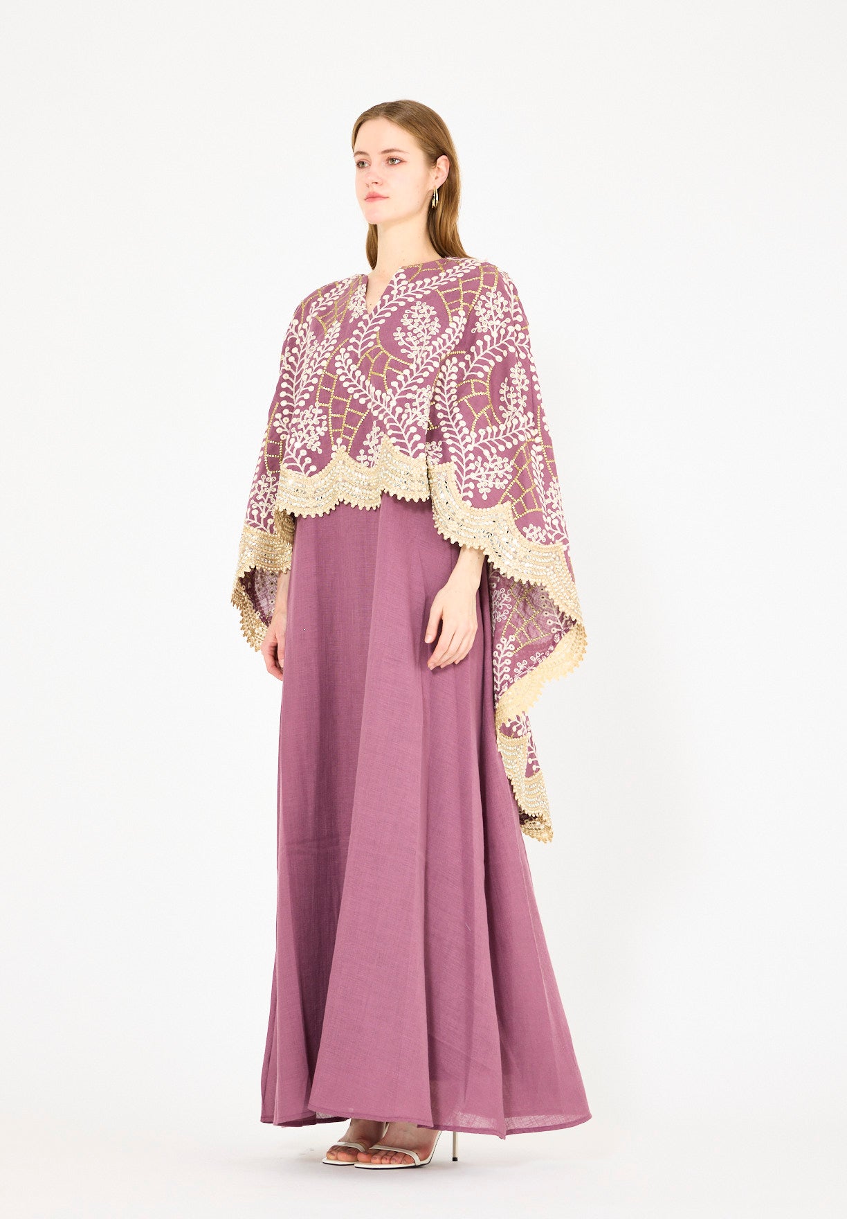 Scallop Mirror Lace Hem Embroidered Cape Dress