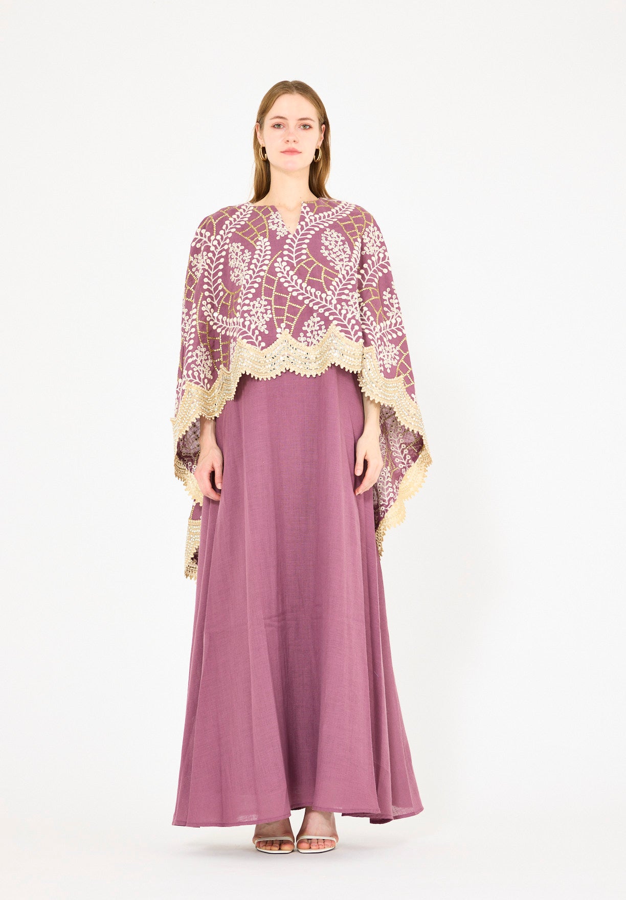 Scallop Mirror Lace Hem Embroidered Cape Dress