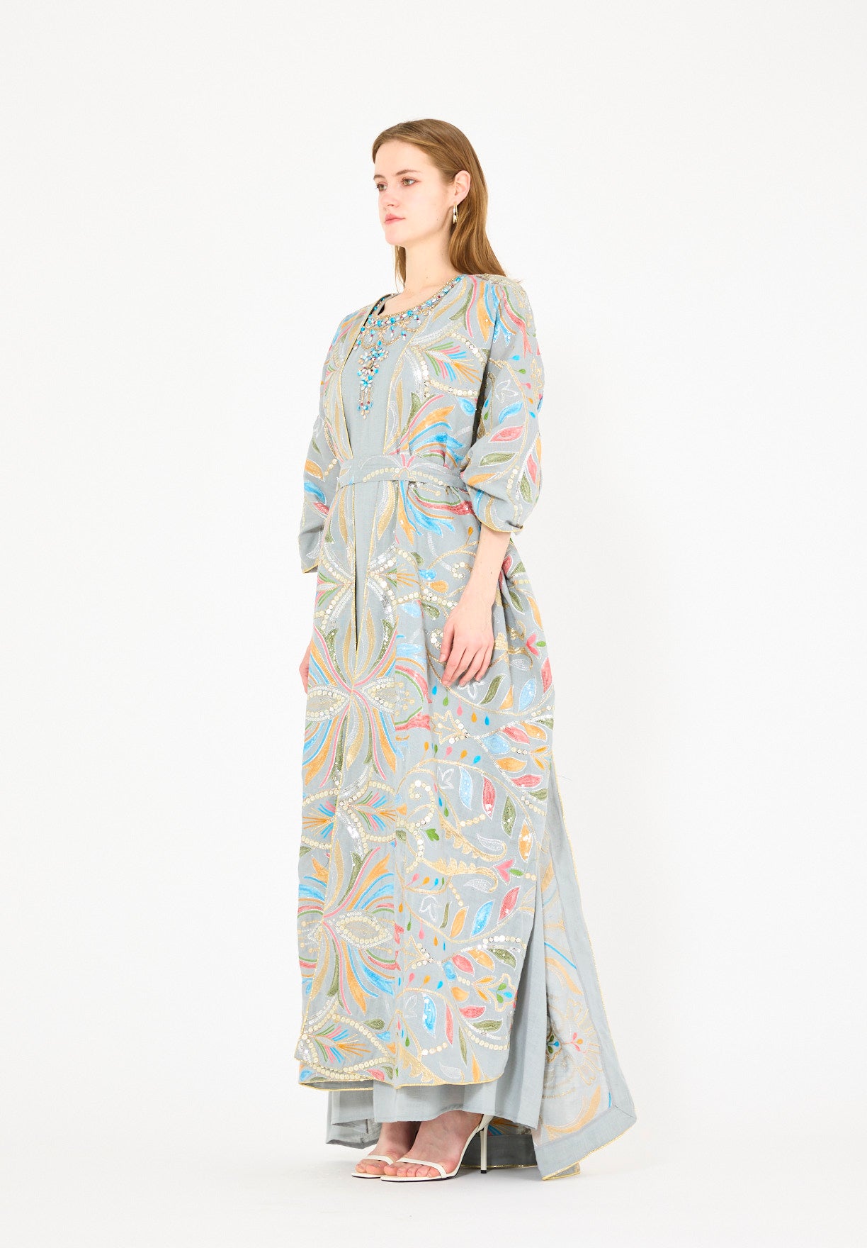Abstract Multicolor Embroidered Bisht & Dress Set