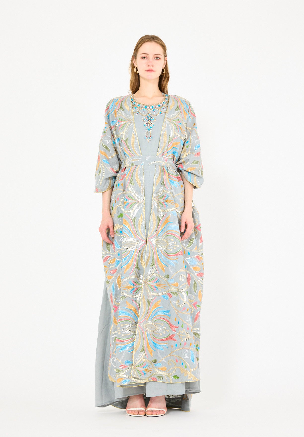 Abstract Multicolor Embroidered Bisht & Dress Set
