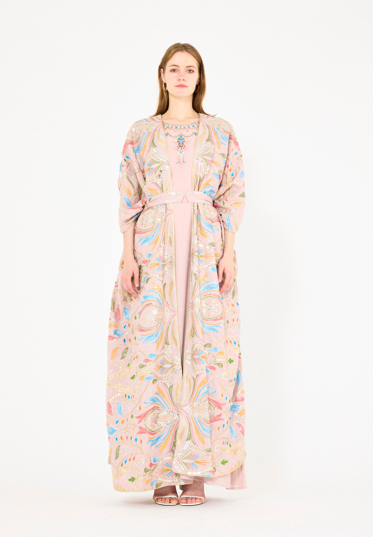 Abstract Multicolor Embroidered Bisht & Dress Set