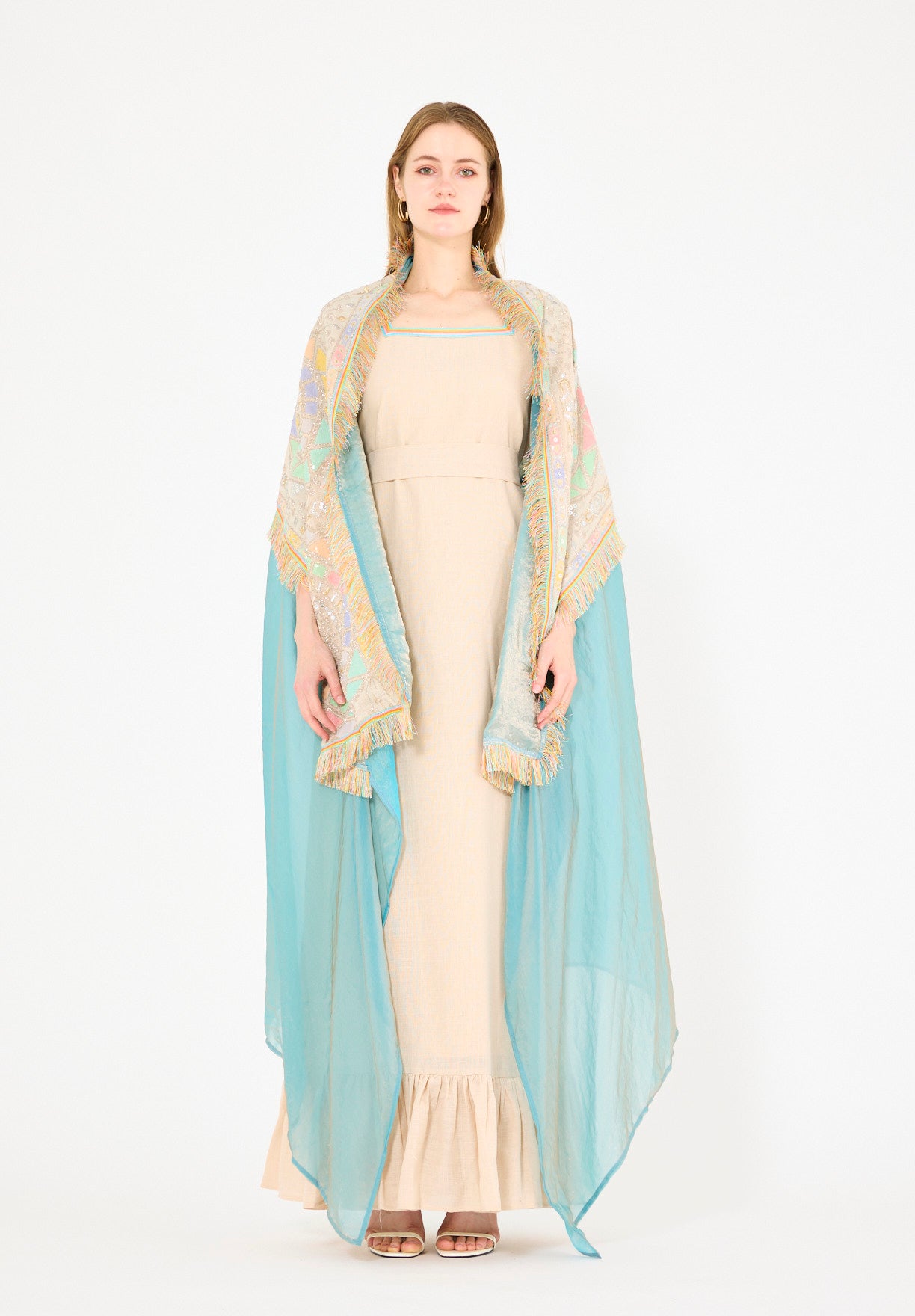 Fringe Accent Embroidered Bisht & Dress Set