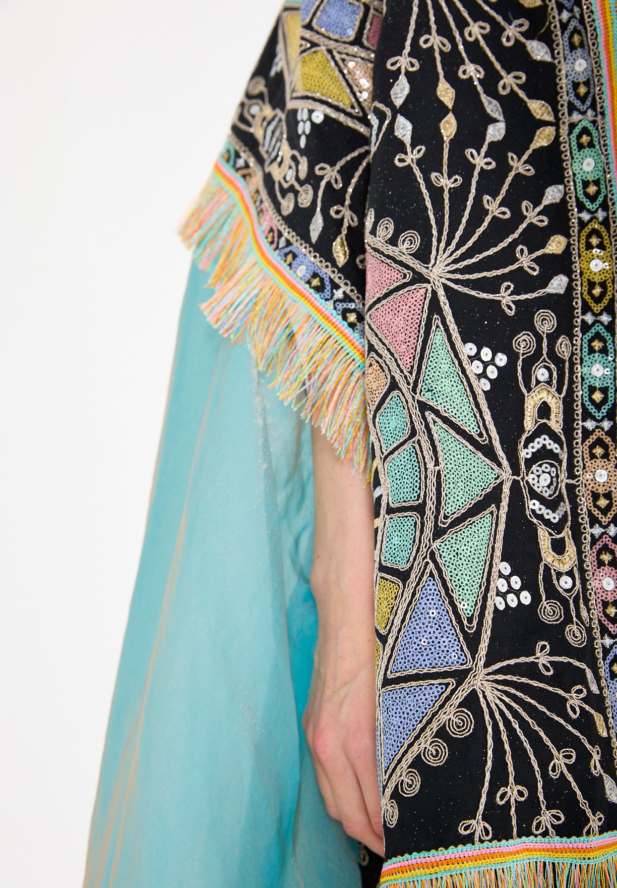 Fringe Accent Embroidered Bisht & Dress Set