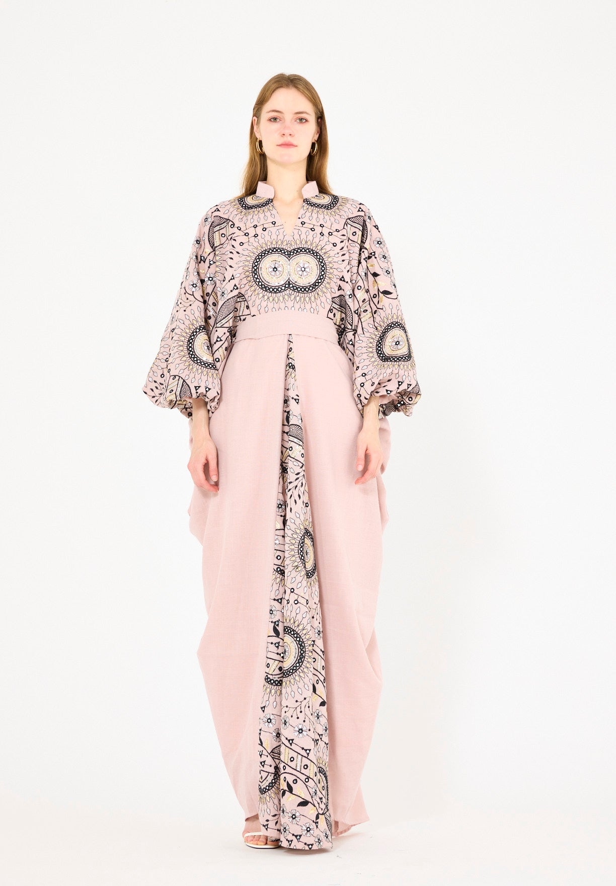 Mandarin Collar Embroidered Draped Jalabiya