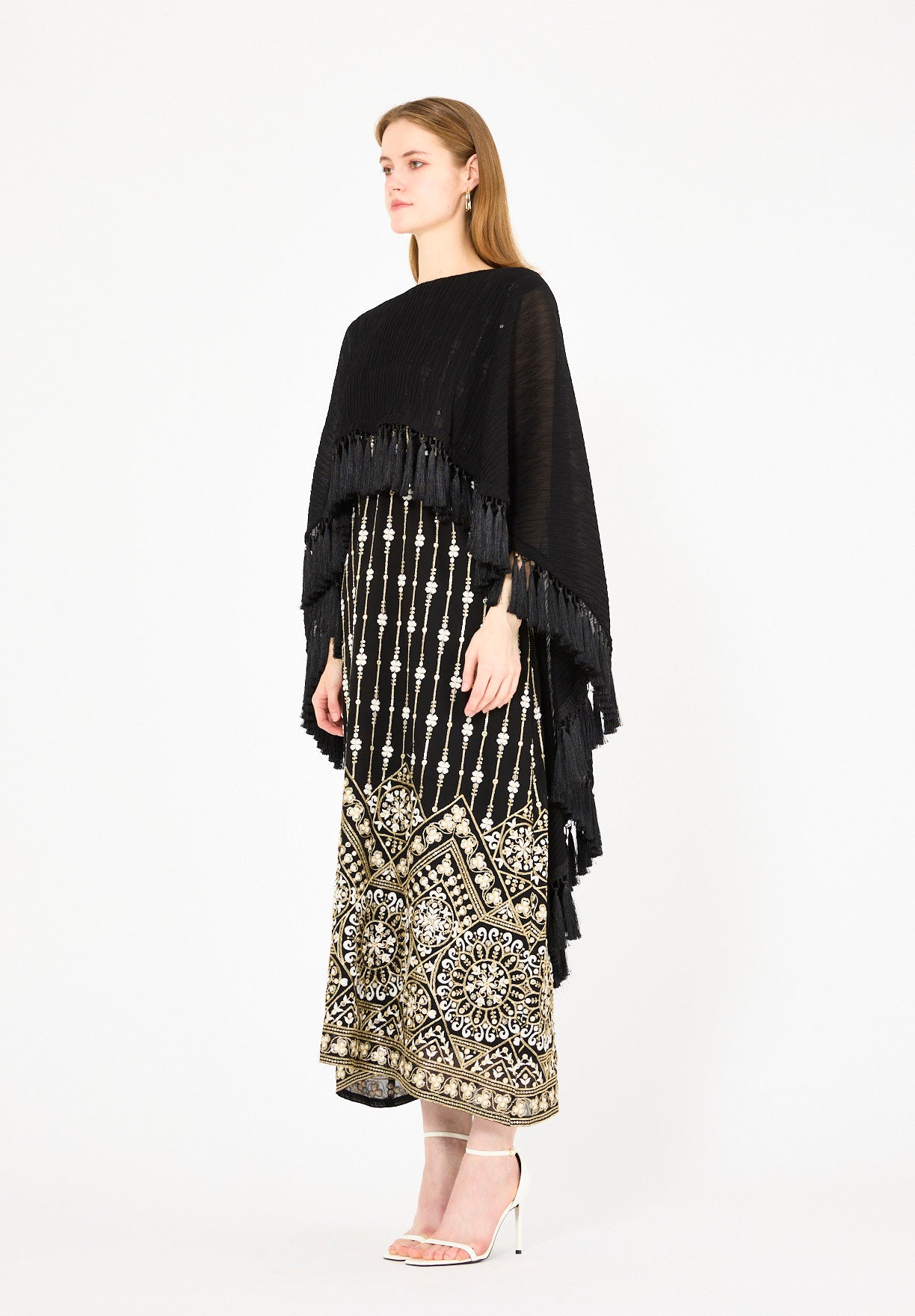Pleated Cape Overlay Embroidered Dress