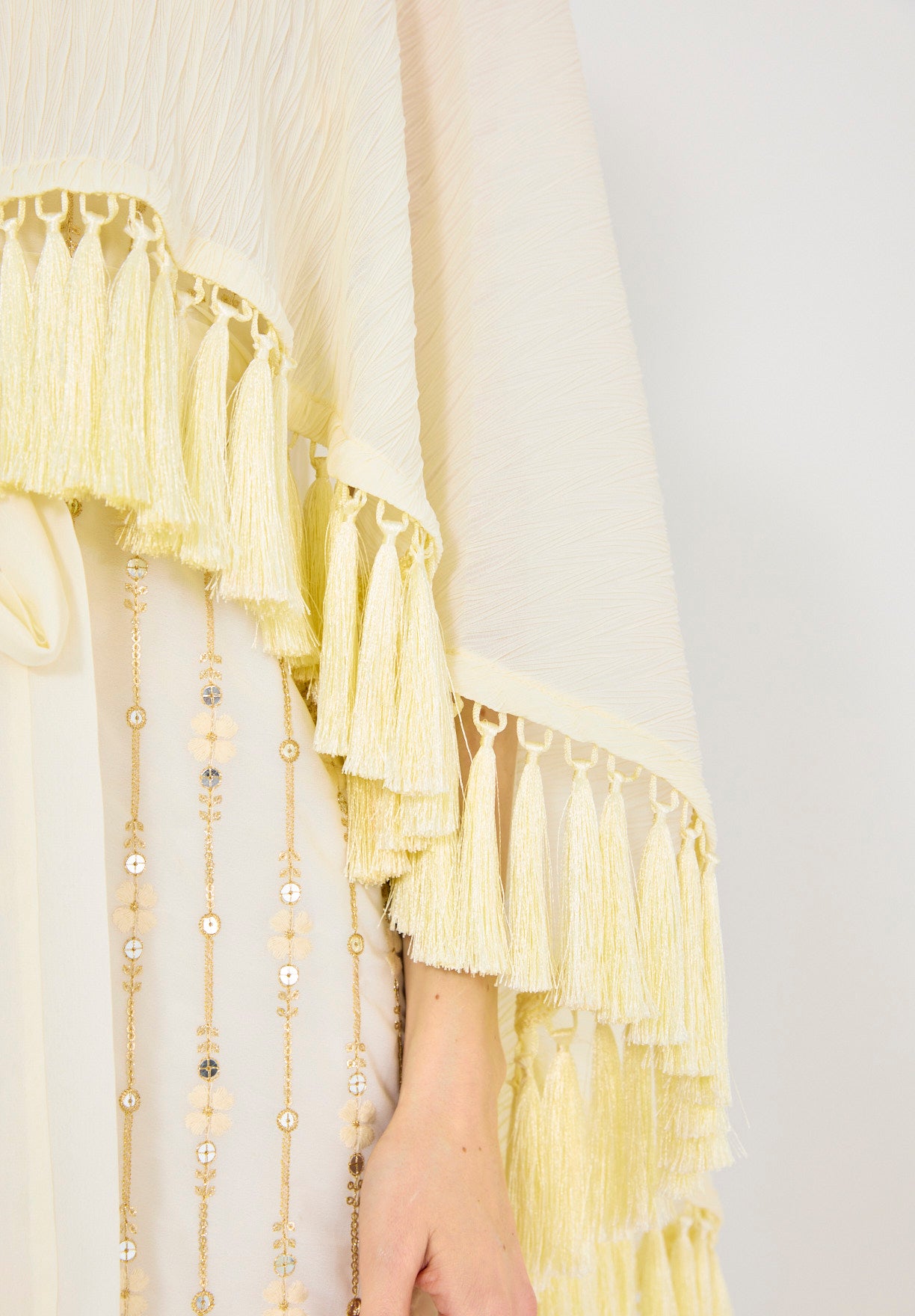 Pleated Cape Overlay Embroidered Dress