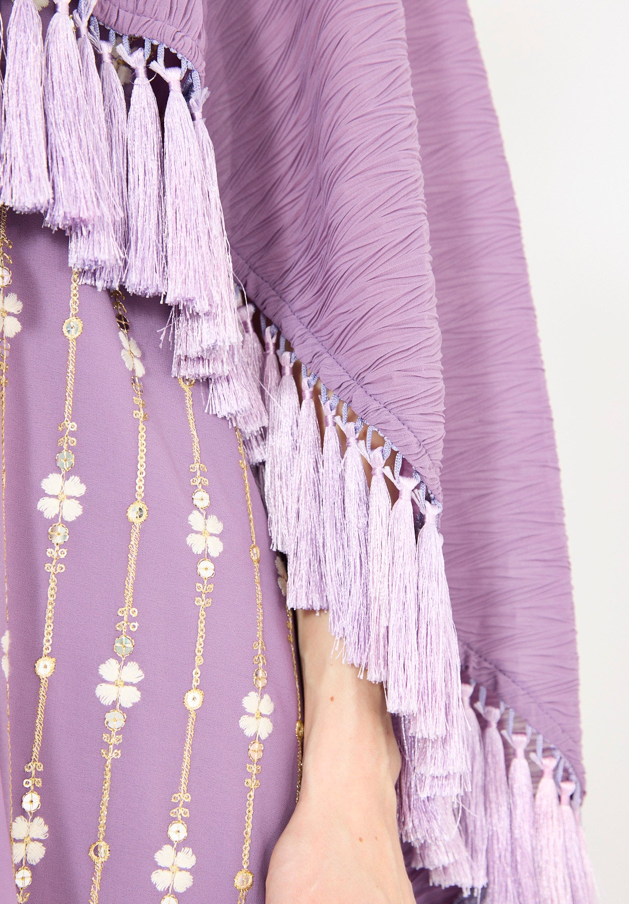 Pleated Cape Overlay Embroidered Dress