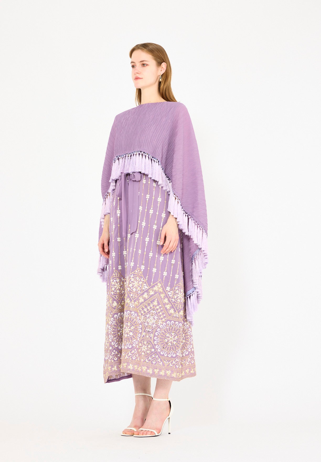 Pleated Cape Overlay Embroidered Dress