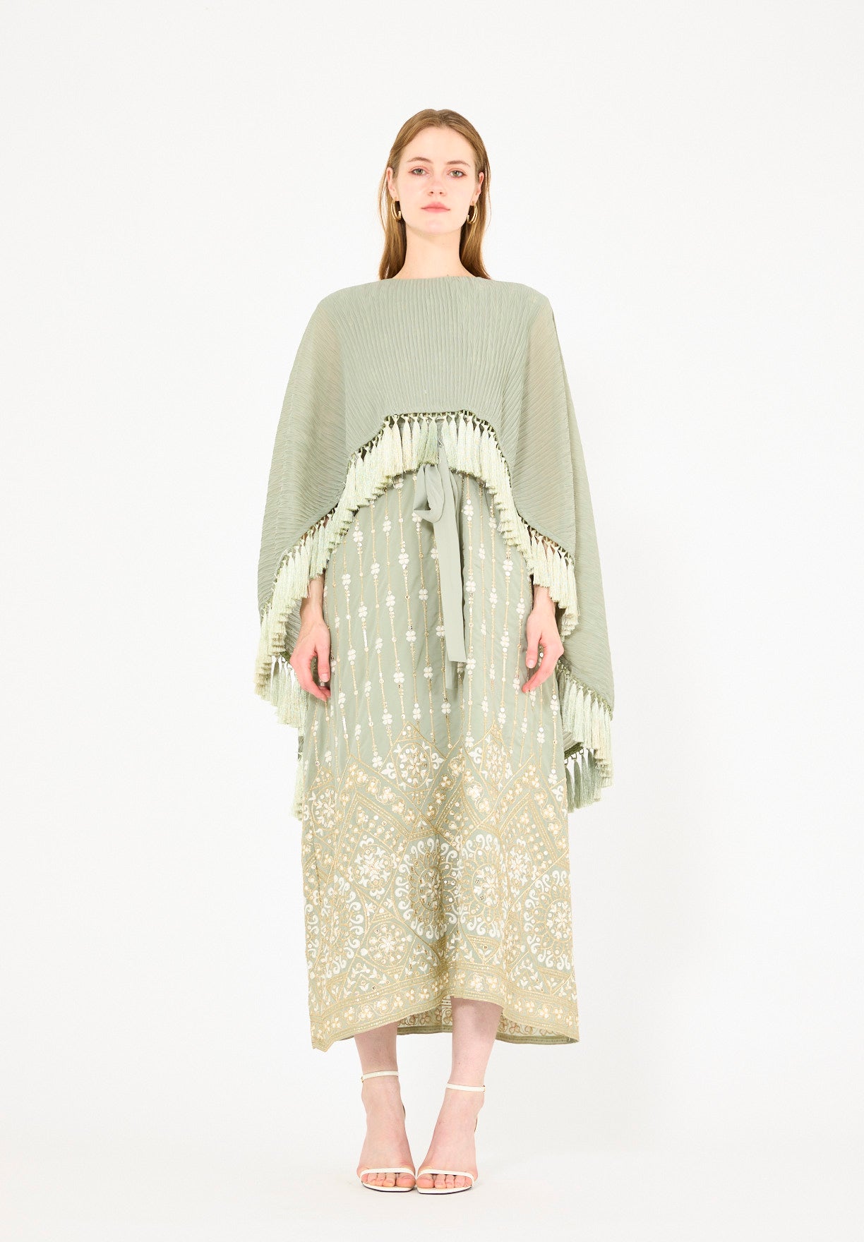 Pleated Cape Overlay Embroidered Dress