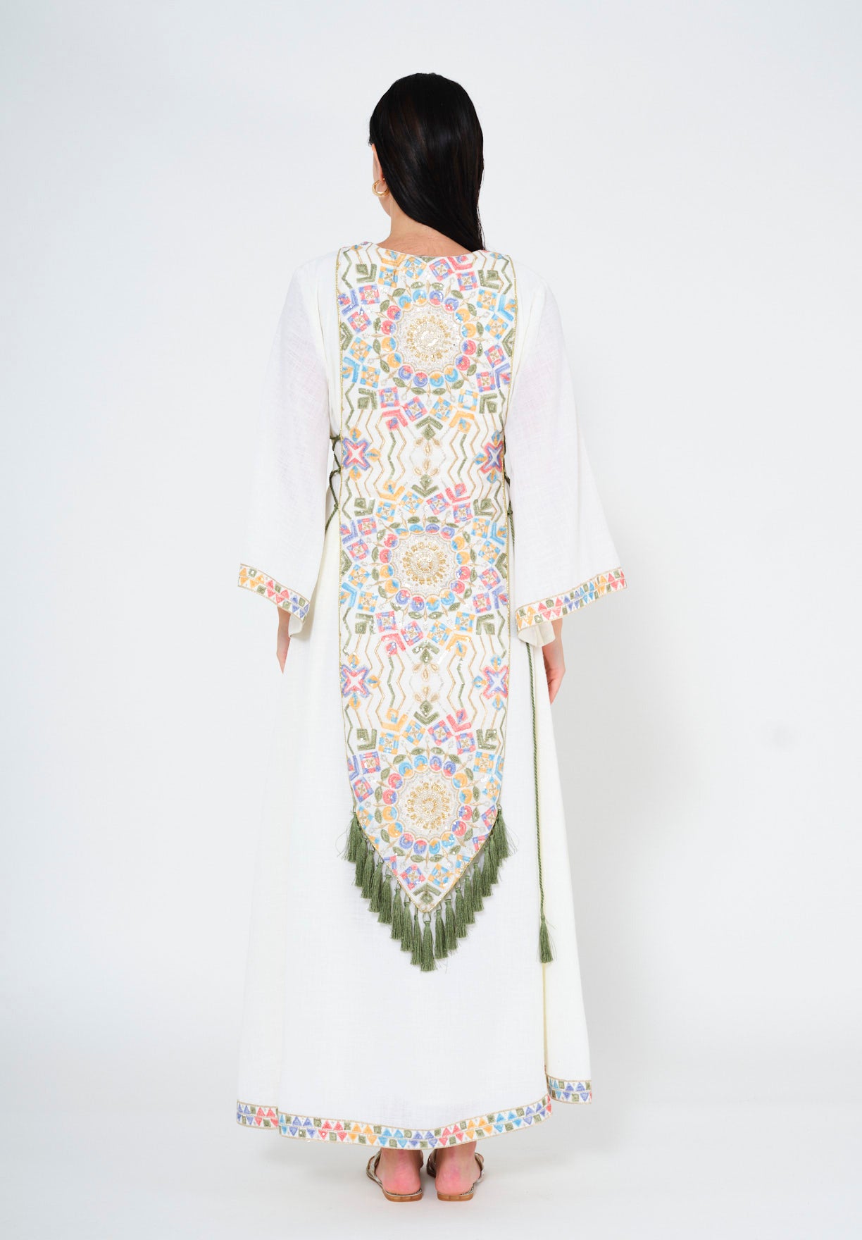 Embroidered White Jalabiya with Tassel Accents