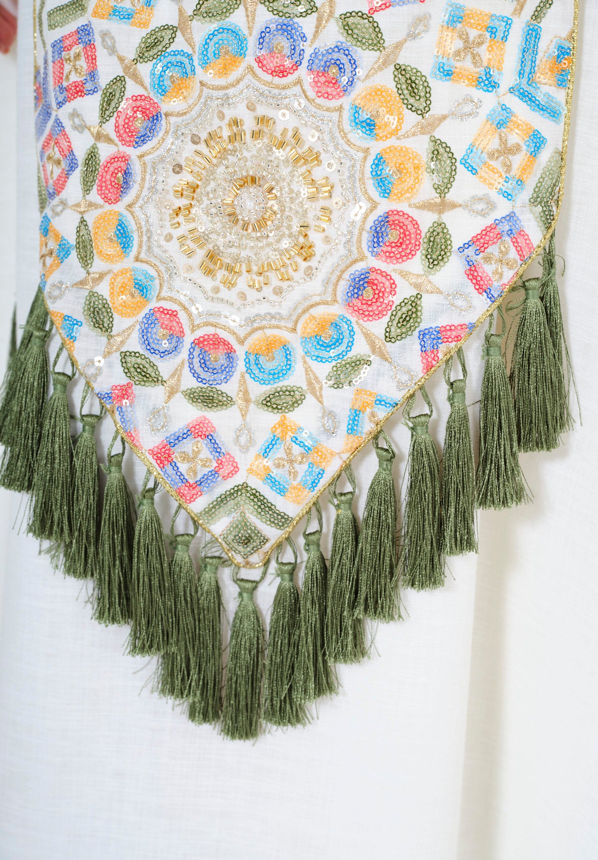 Embroidered White Jalabiya with Tassel Accents