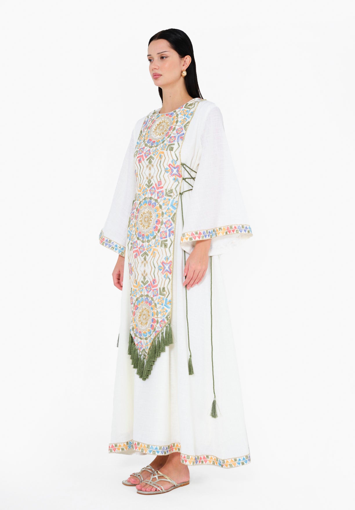 Embroidered White Jalabiya with Tassel Accents