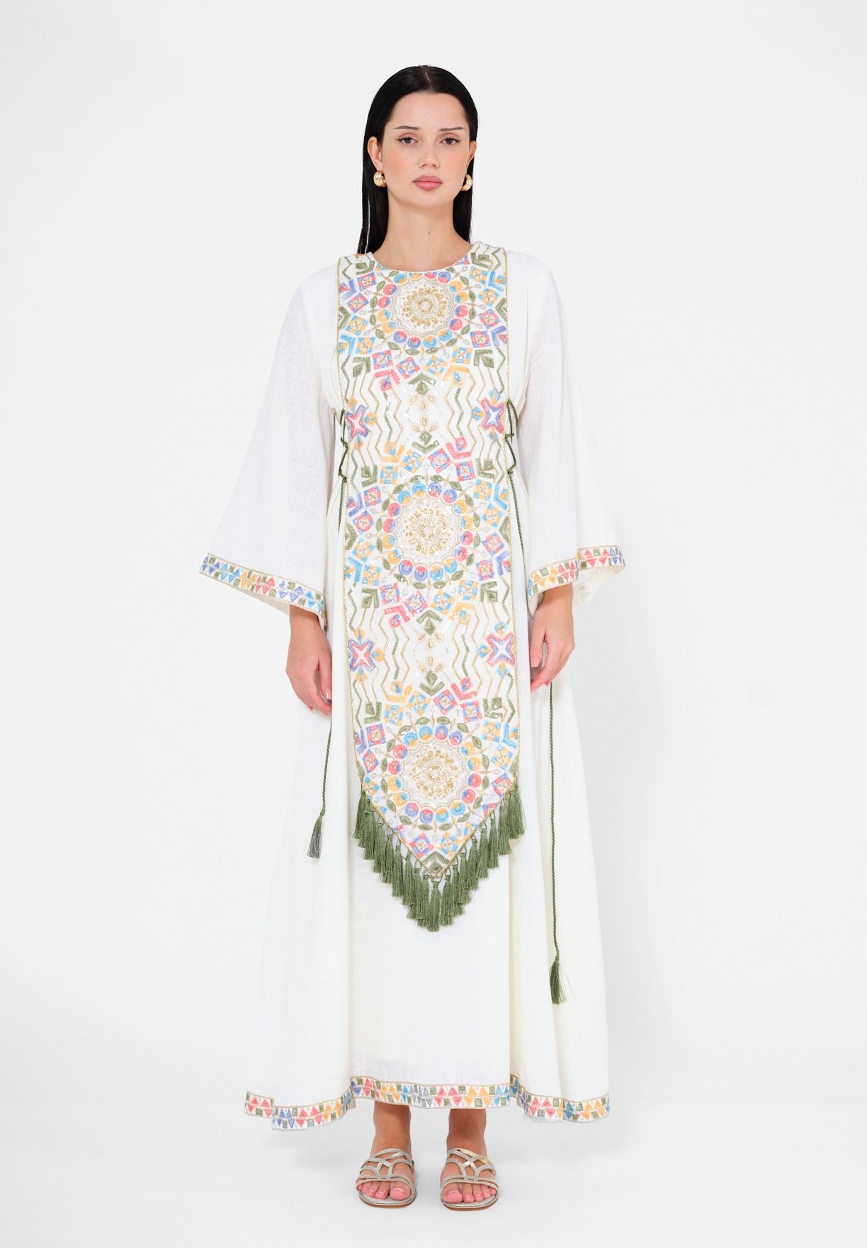 Embroidered White Jalabiya with Tassel Accents