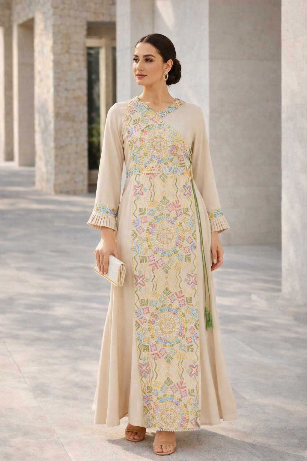 Wrap-Style Embellished Corded Lace Tie-Up Jalabiya