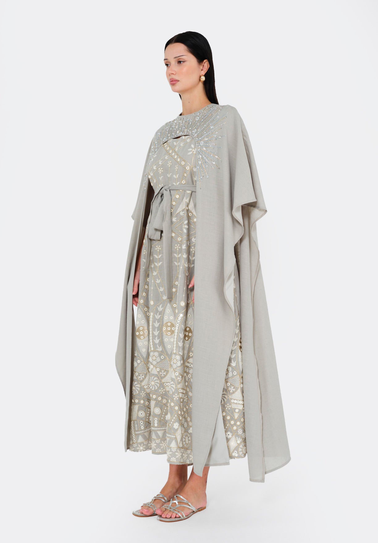 Embellished Grey Jalabiya with Flowing Cape