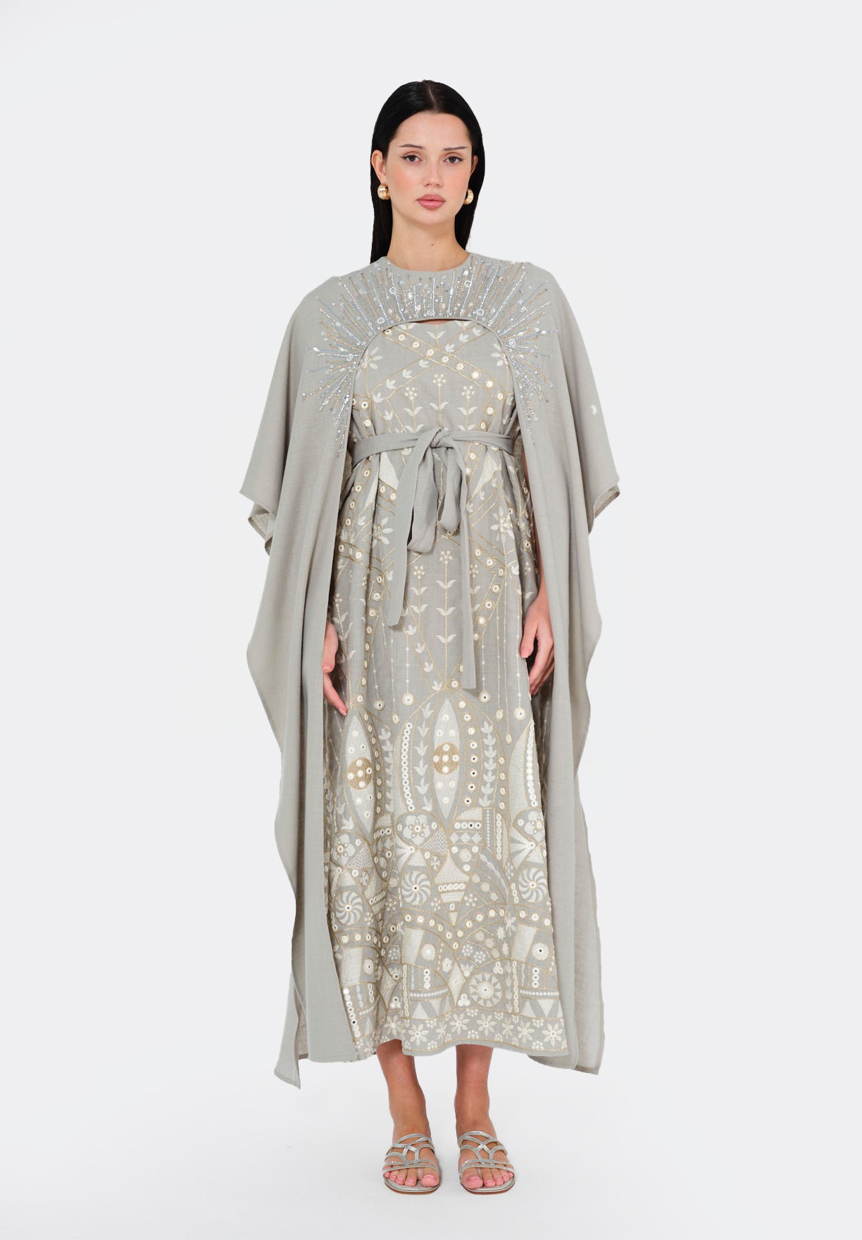 Embellished Grey Jalabiya with Flowing Cape