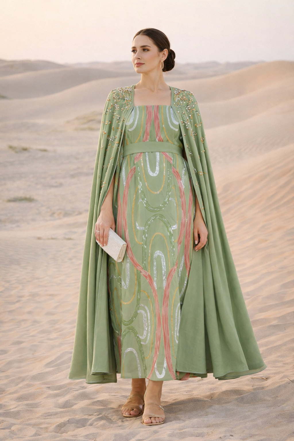 Embellished Cape Sleeve Abstract Pattern Dress