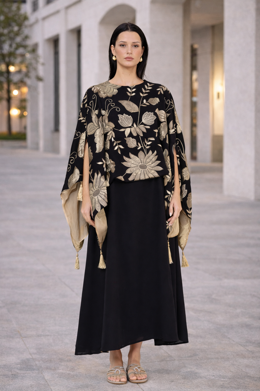 Royal Bloom Embroidered Jalabiya with Tassel Accents