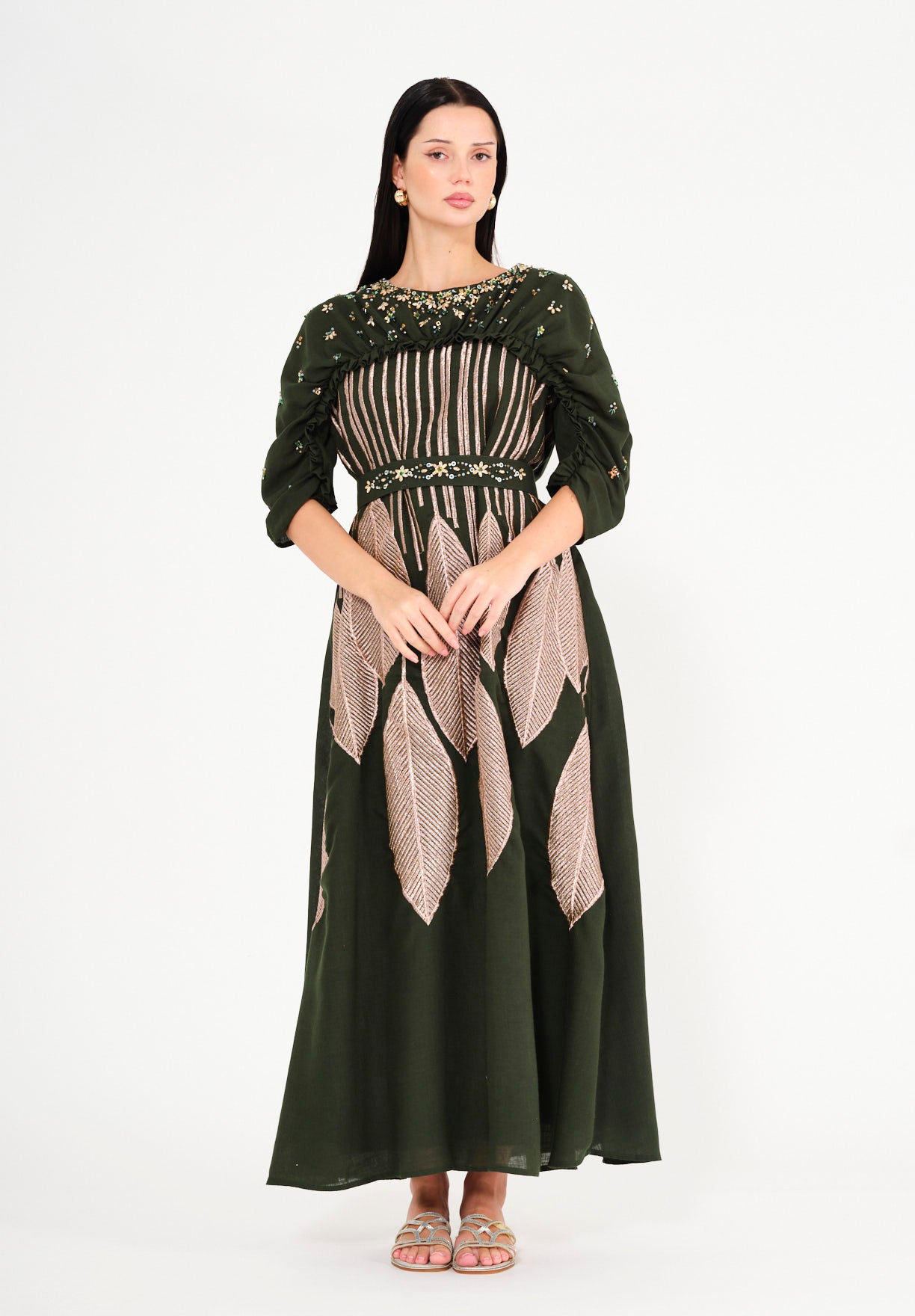 Regal Leaf Embellished Ruched Jalabiya