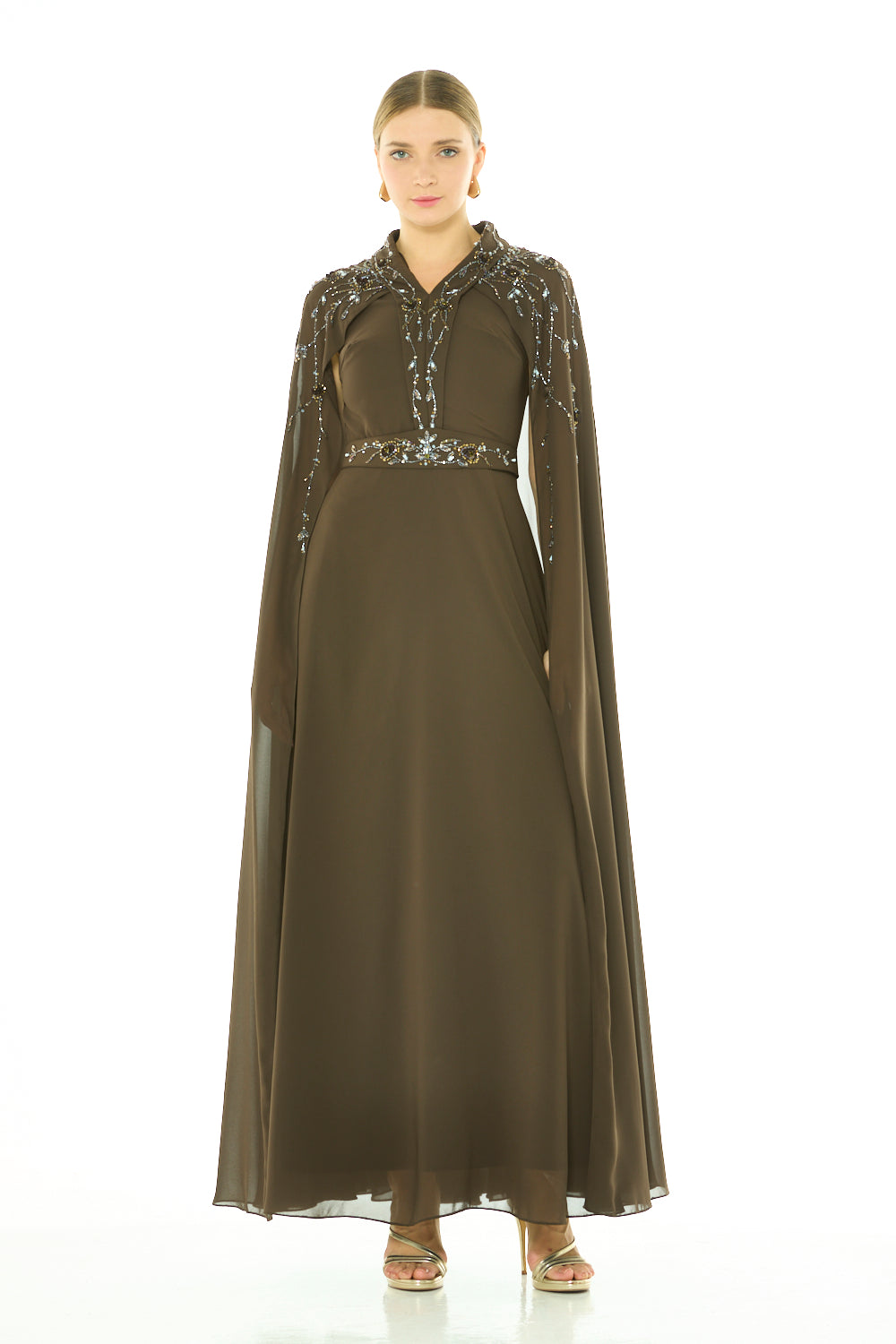 Beaded Cape-Style Maxi Dress