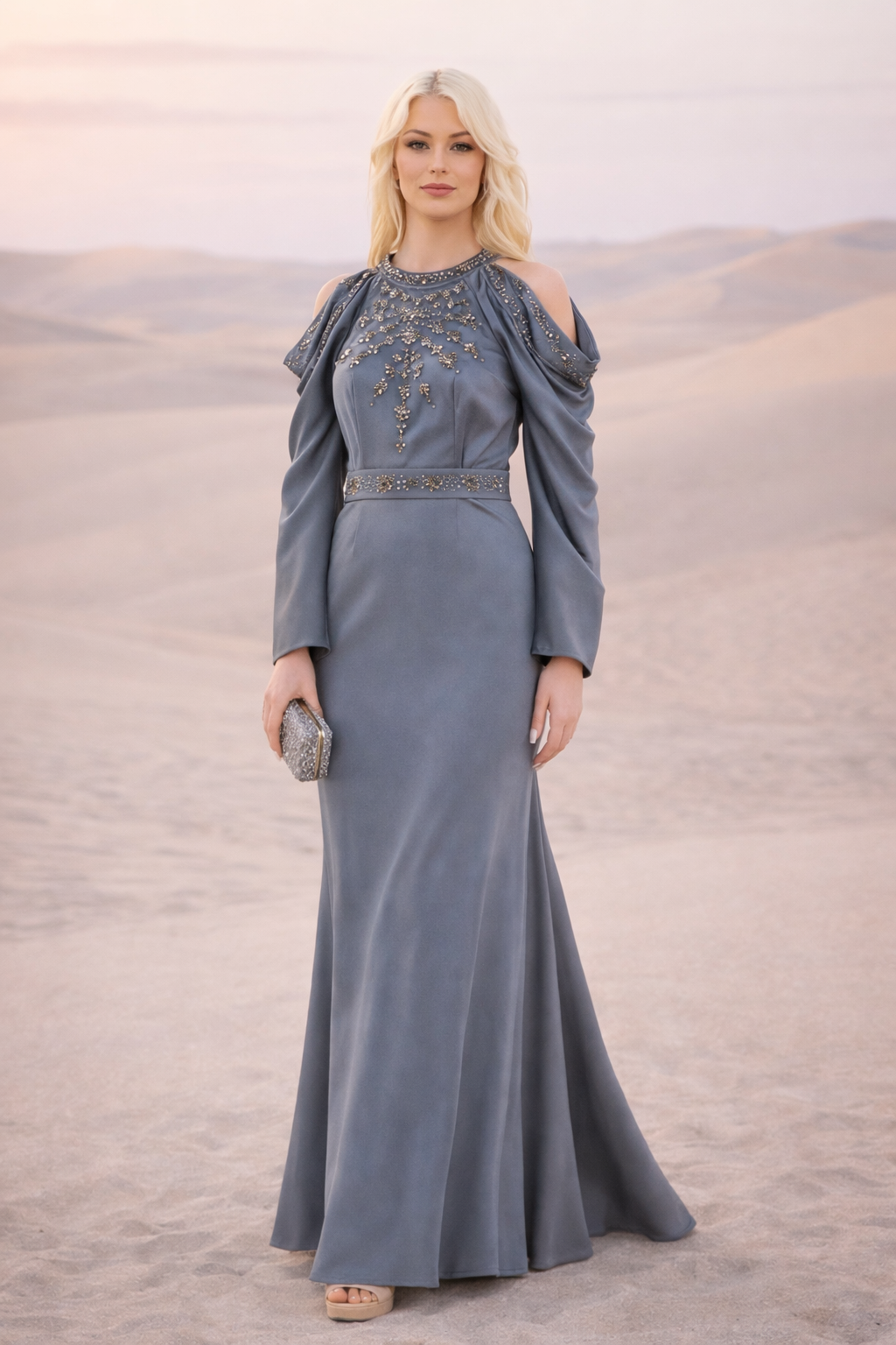 Dramatic Draped Sleeves Embellished Gown