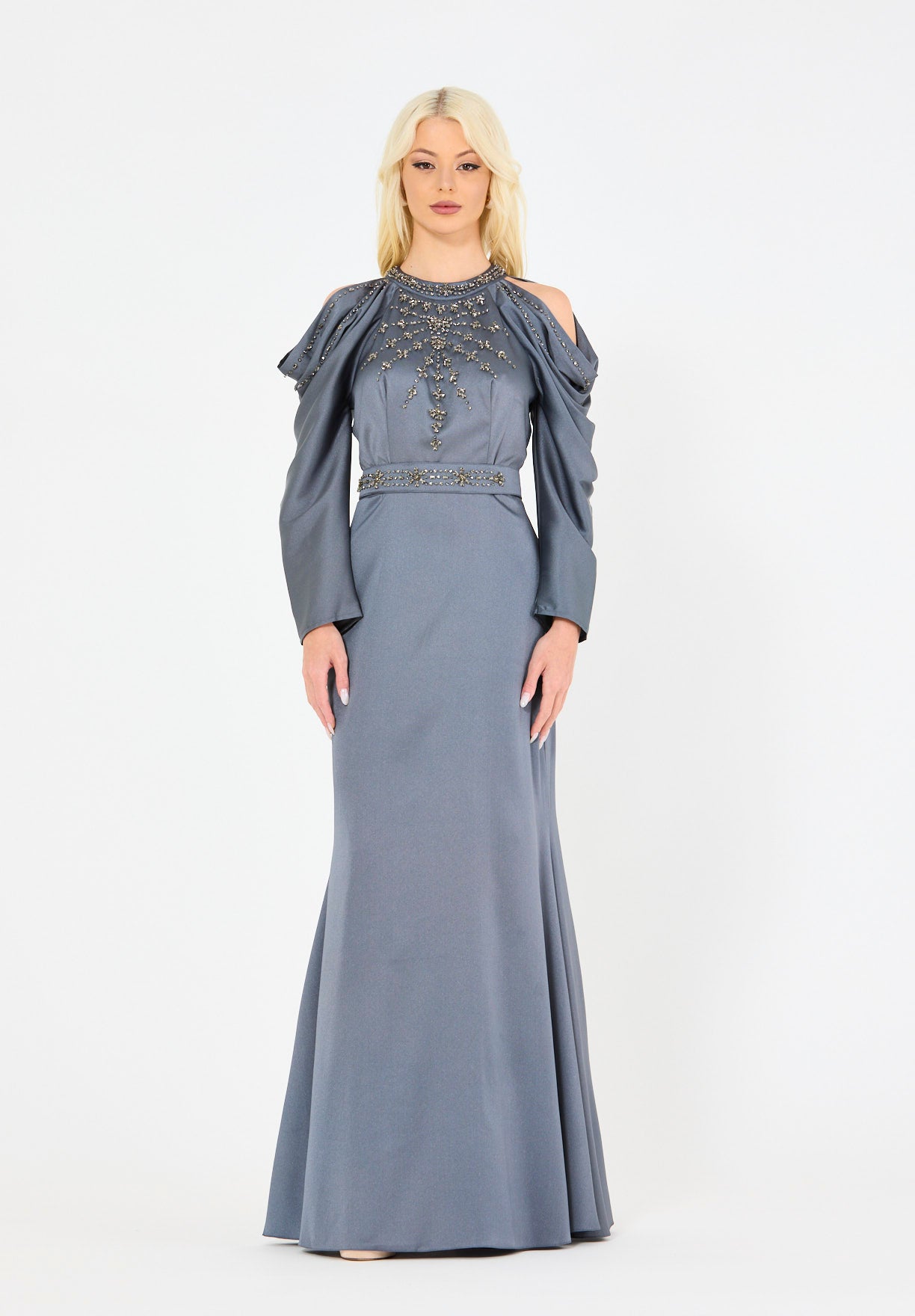 Dramatic Draped Sleeves Embellished Gown