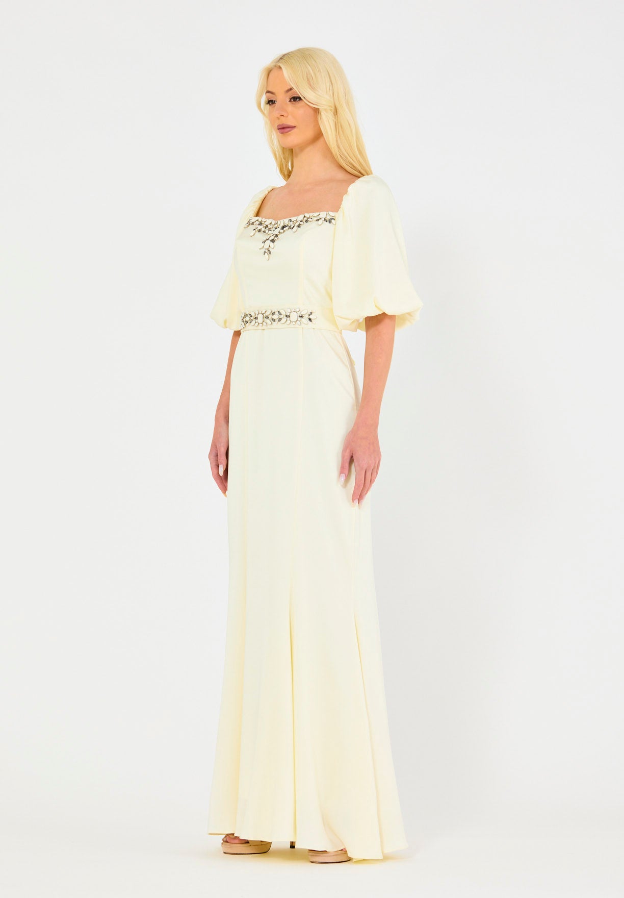 Ivory Embellished Puff Sleeves Gown
