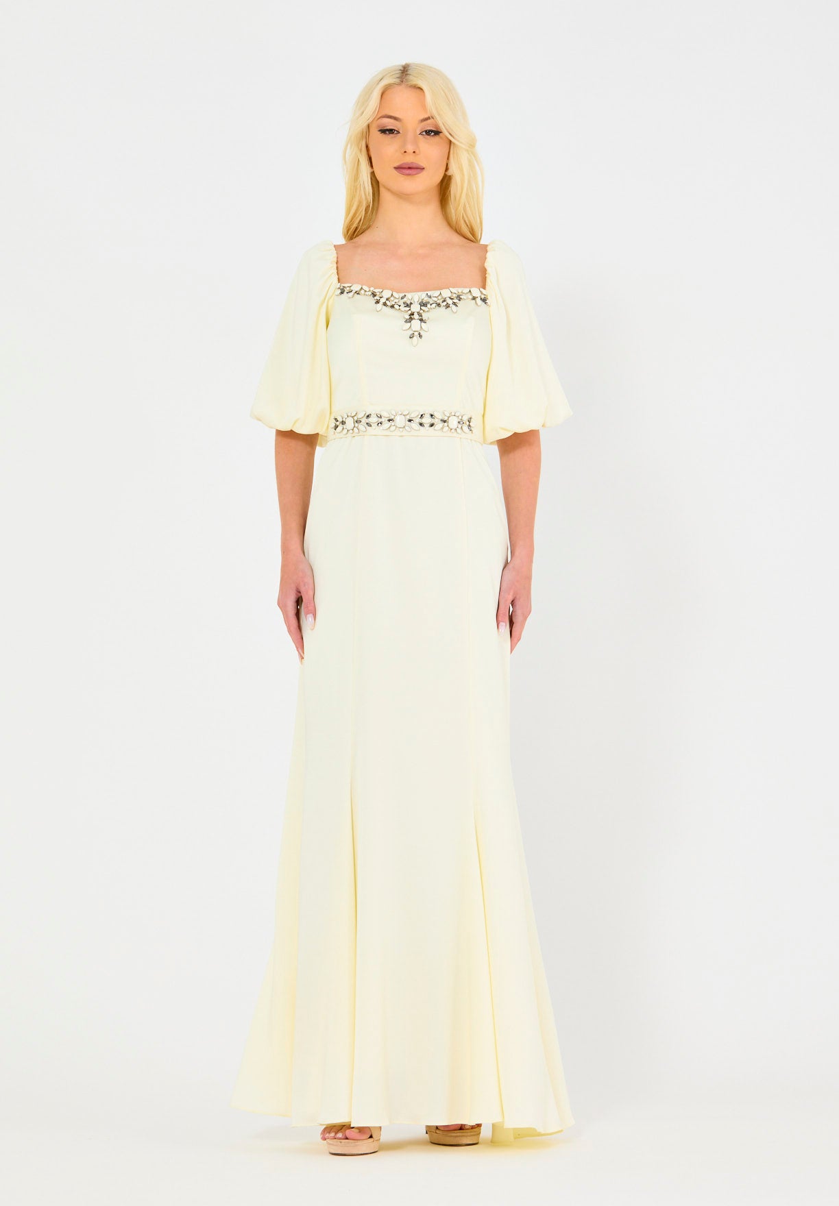 Ivory Embellished Puff Sleeves Gown