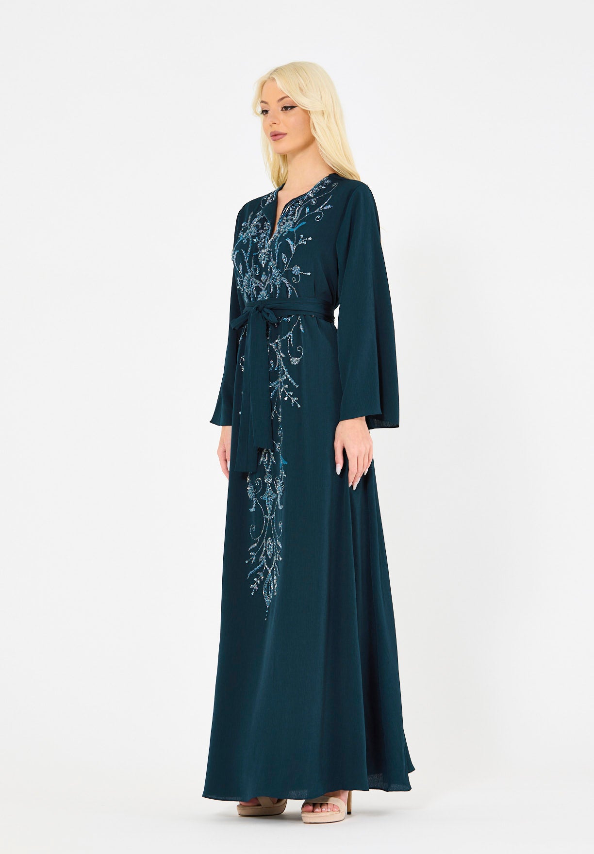 Abstract Floral Embellished Belted Gown