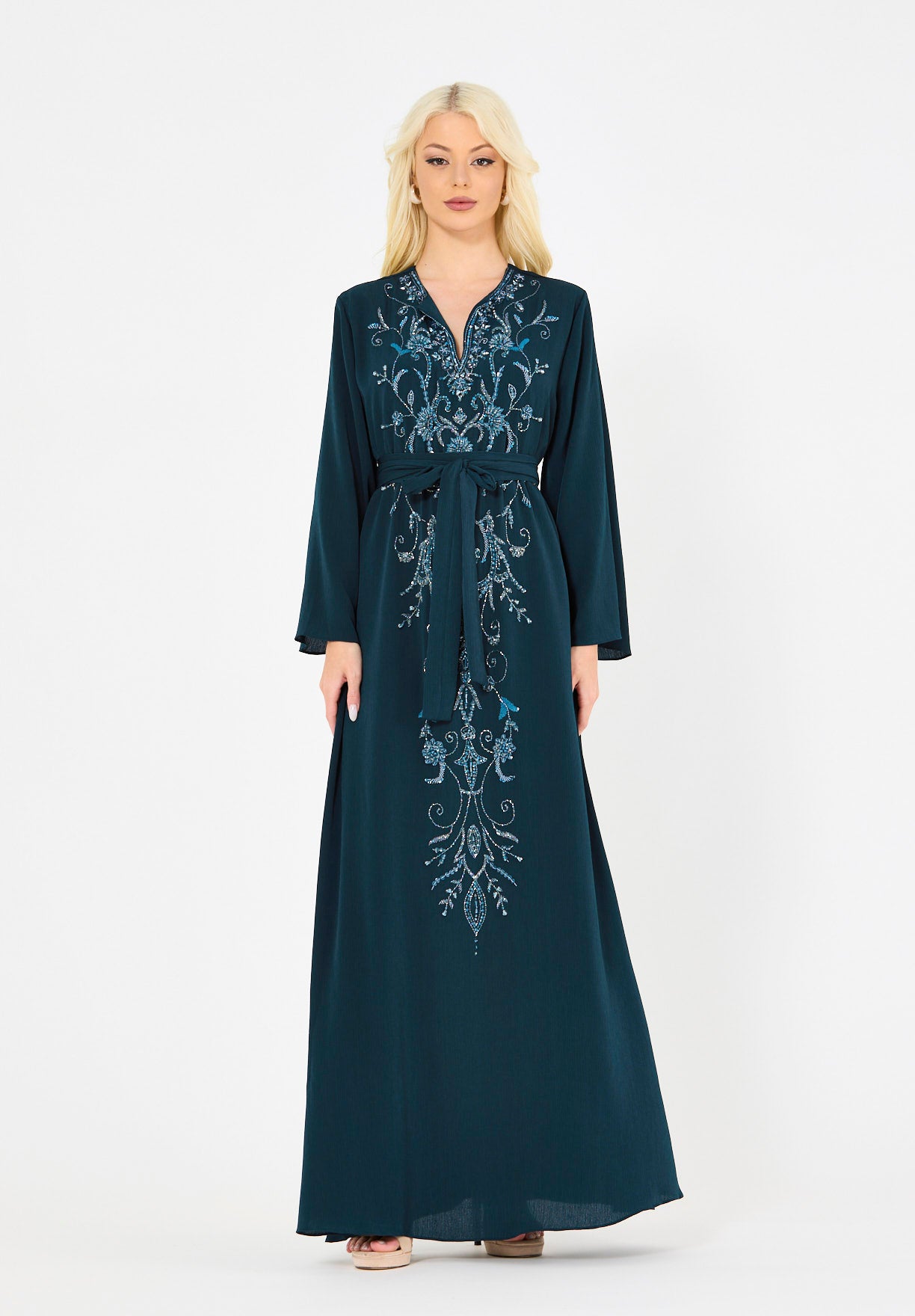 Abstract Floral Embellished Belted Gown