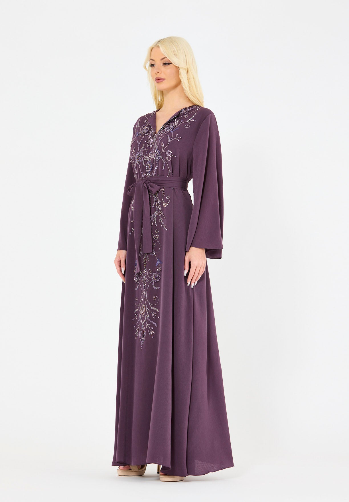 Abstract Floral Embellished Belted Gown