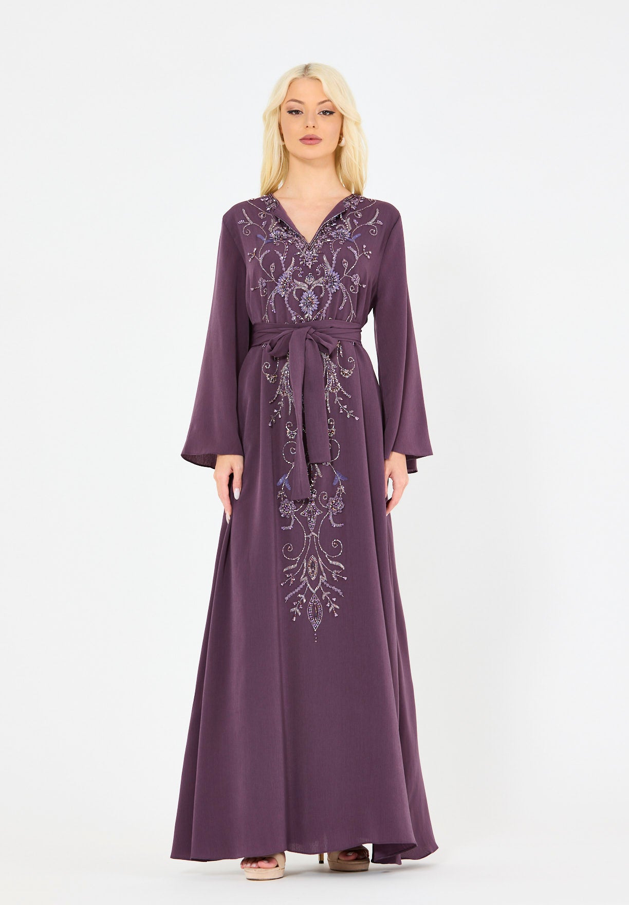 Abstract Floral Embellished Belted Gown