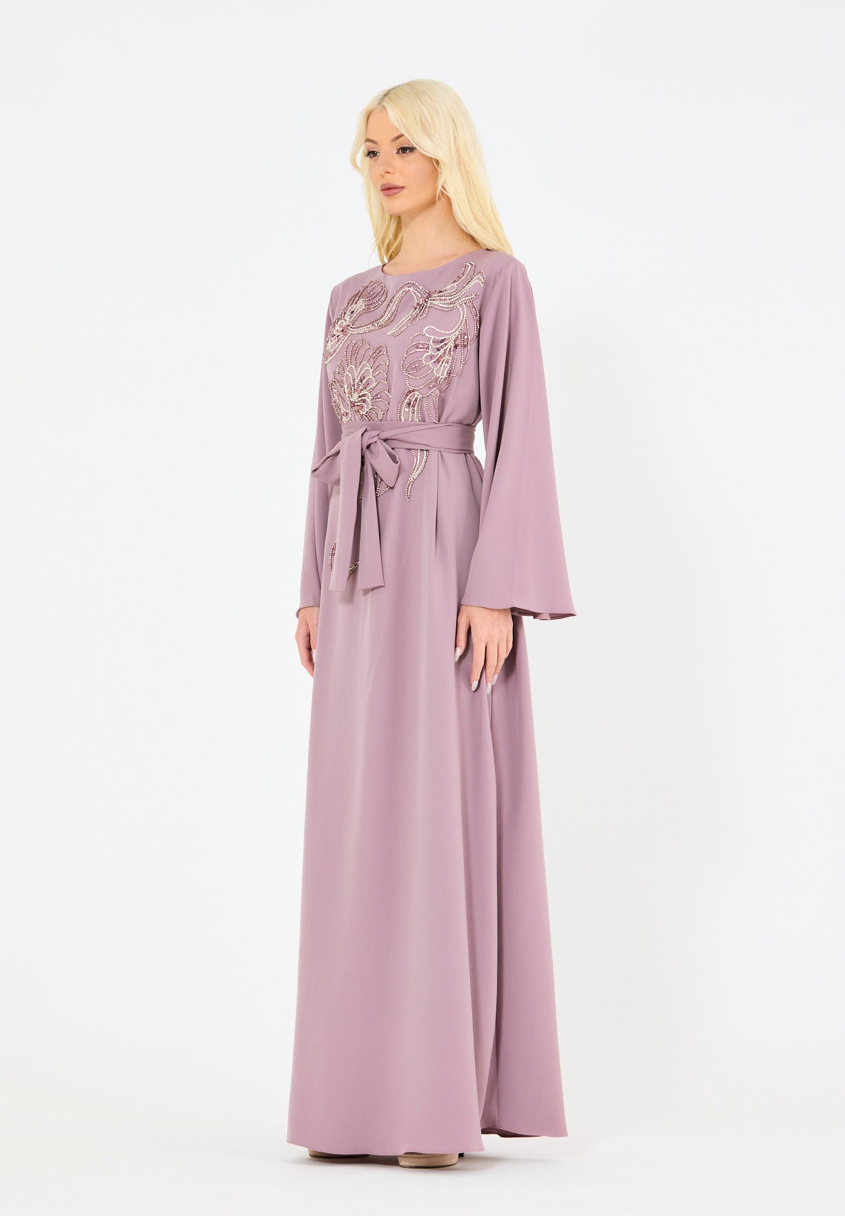 Sequin & Bead Embellished Floral Pattern Gown