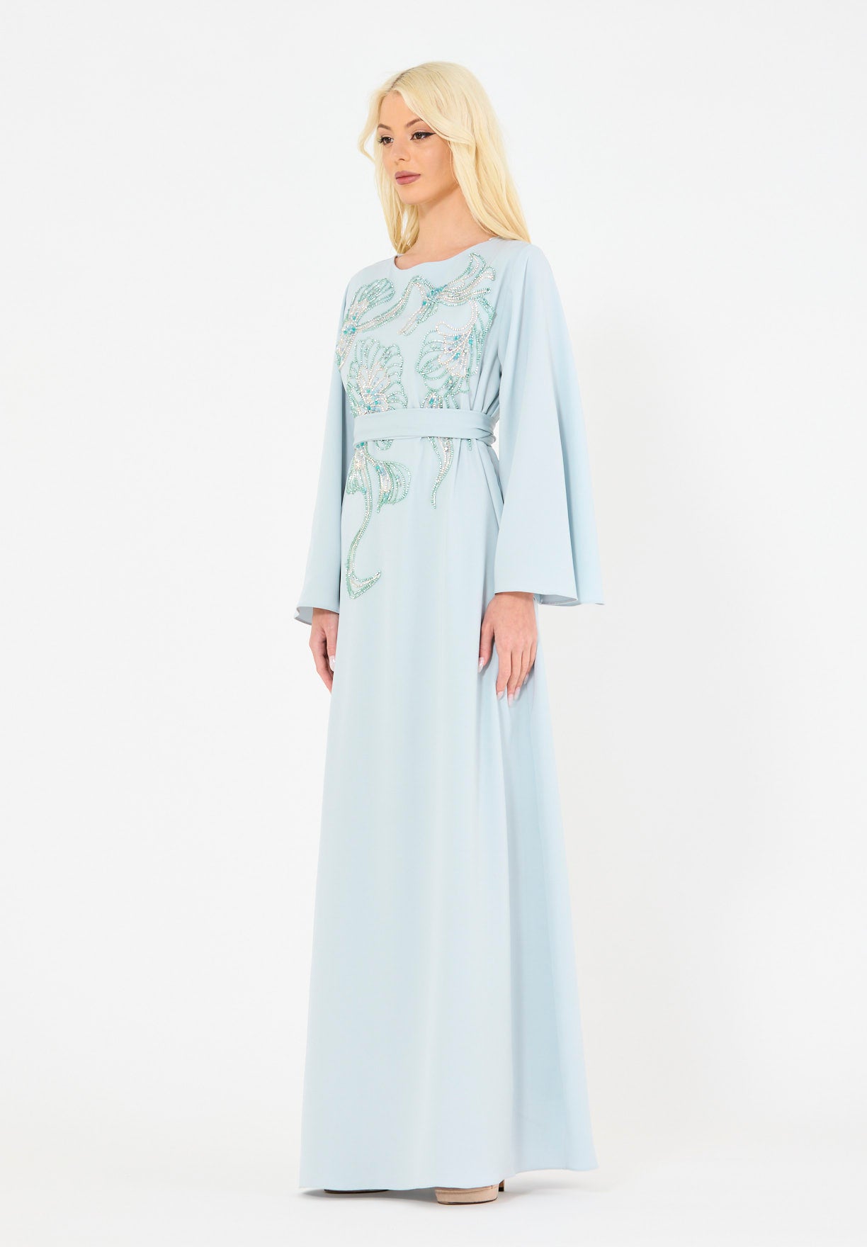Sequin & Bead Embellished Floral Pattern Gown