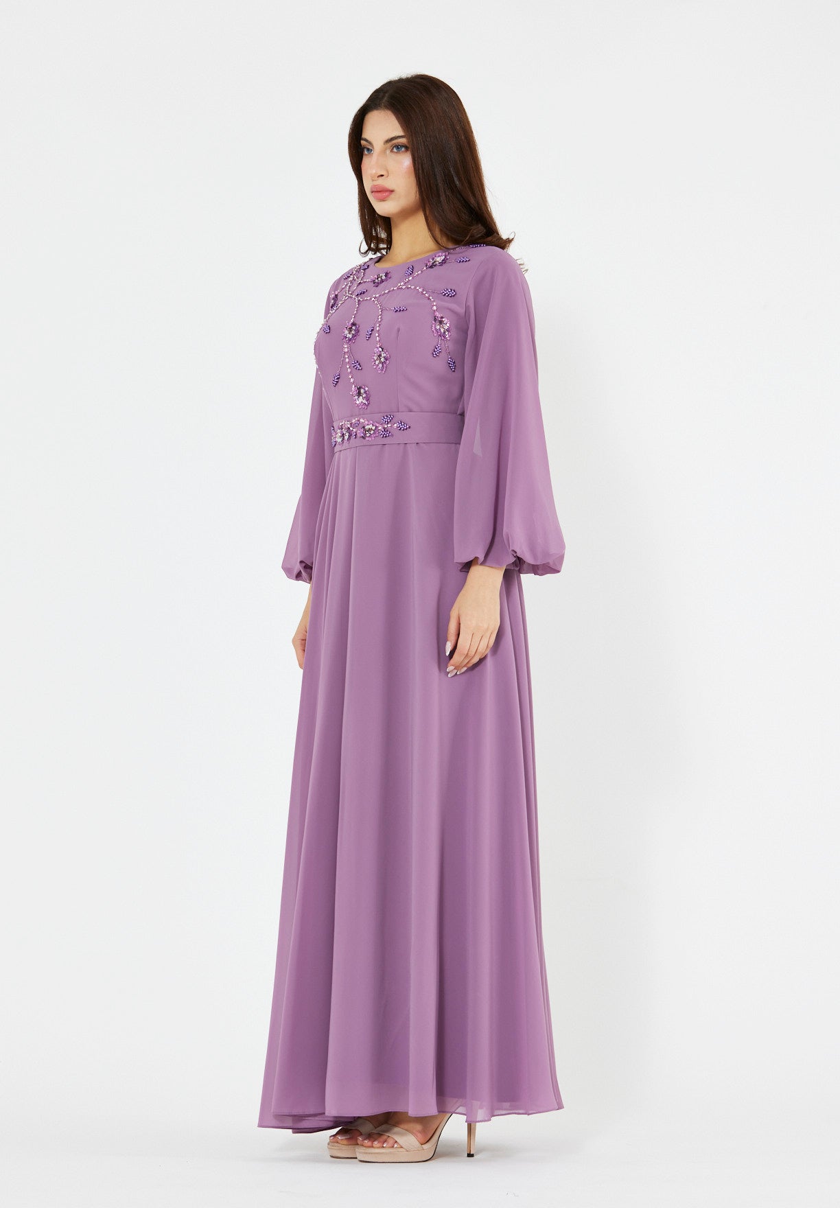 Floral Vines Embroidered Chiffon Gown