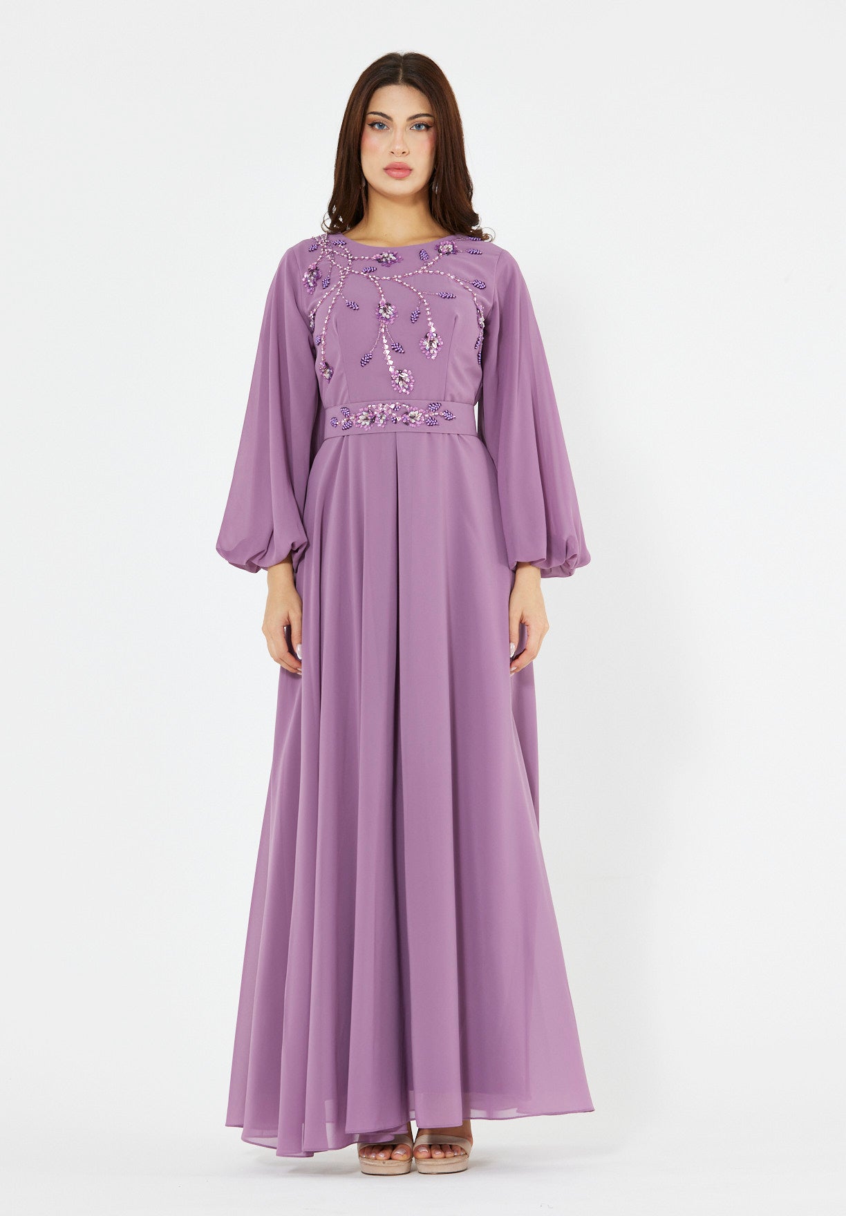 Floral Vines Embroidered Chiffon Gown